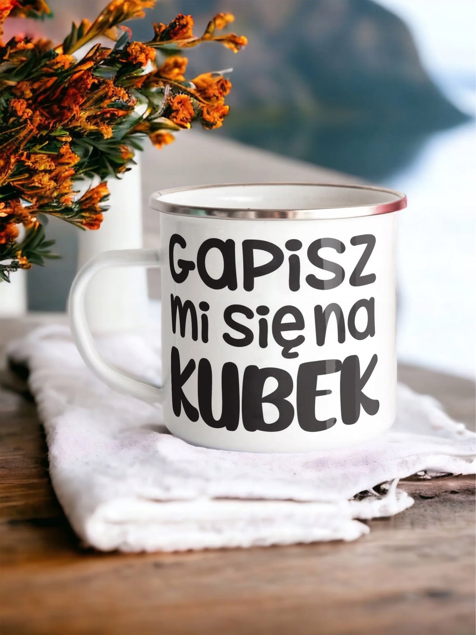 Kubek Emaliowany Gapisz Mi Się Śmieszny Zabawny z Nadrukiem Biały Metalowy