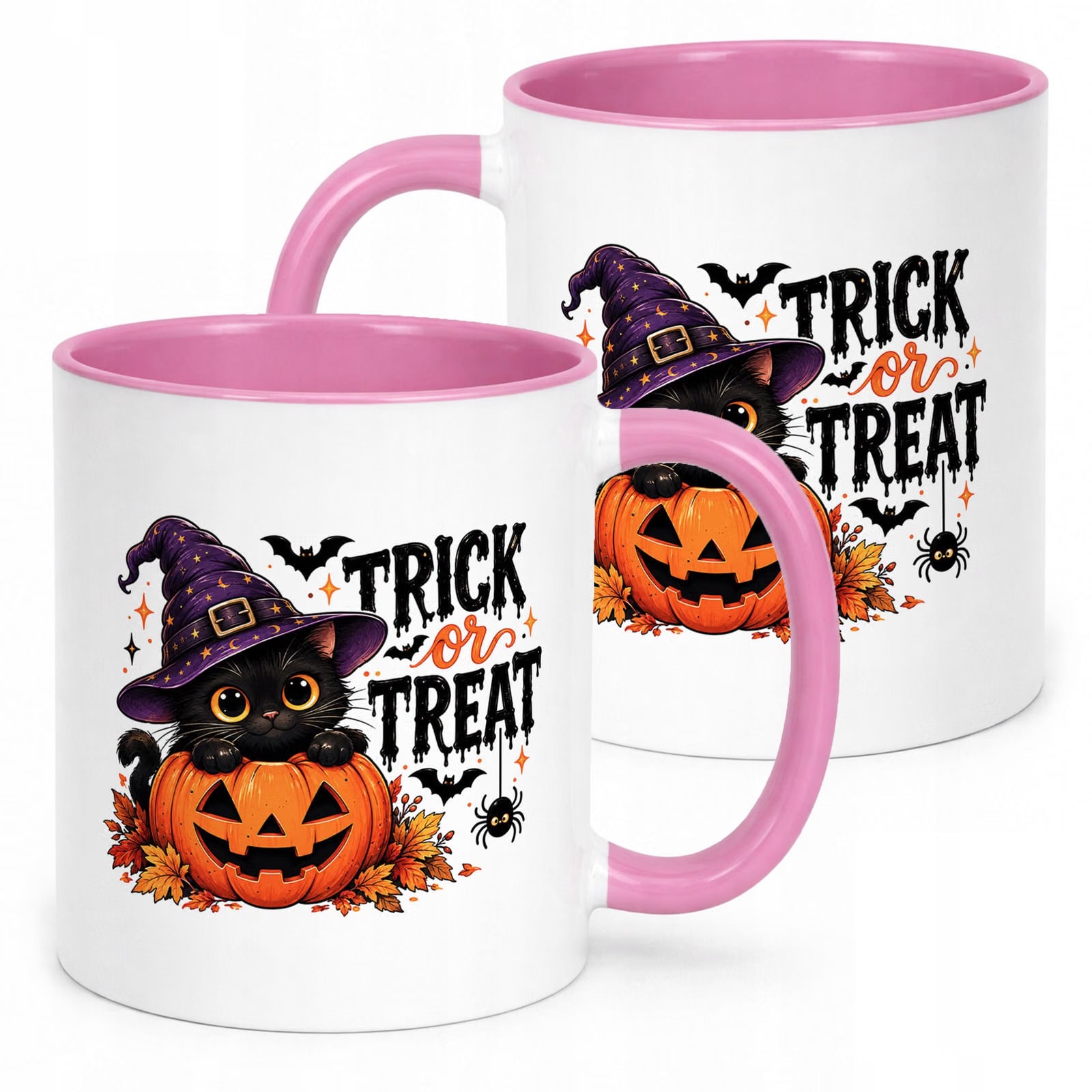 Kubek Różowy z Nadrukiem Halloween Jesień Kot Dynia Prezent Upominek