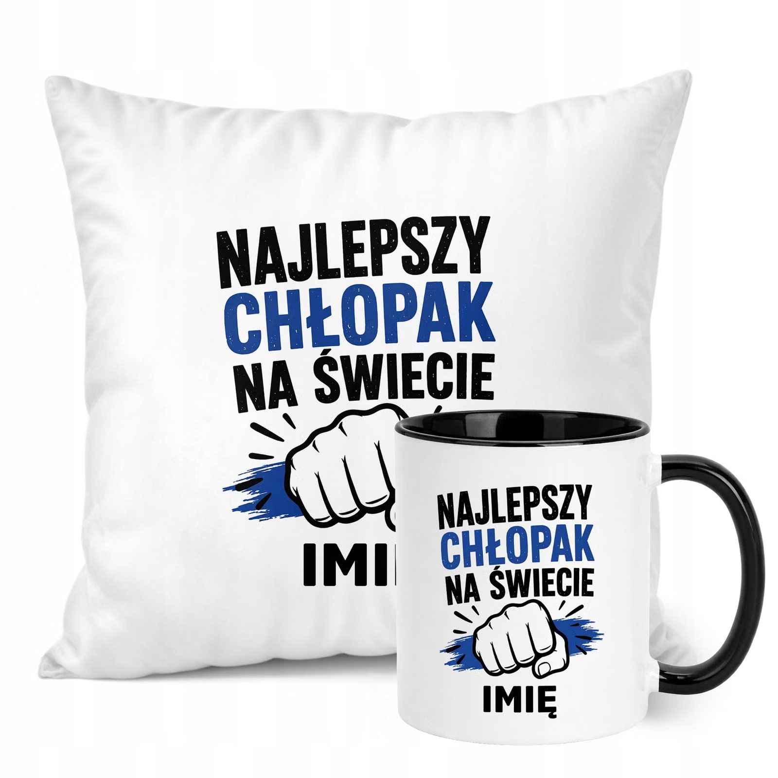 Zestaw Personalizowany Kubek Czarny Poduszka Dzień Chłopaka Z Nadrukiem