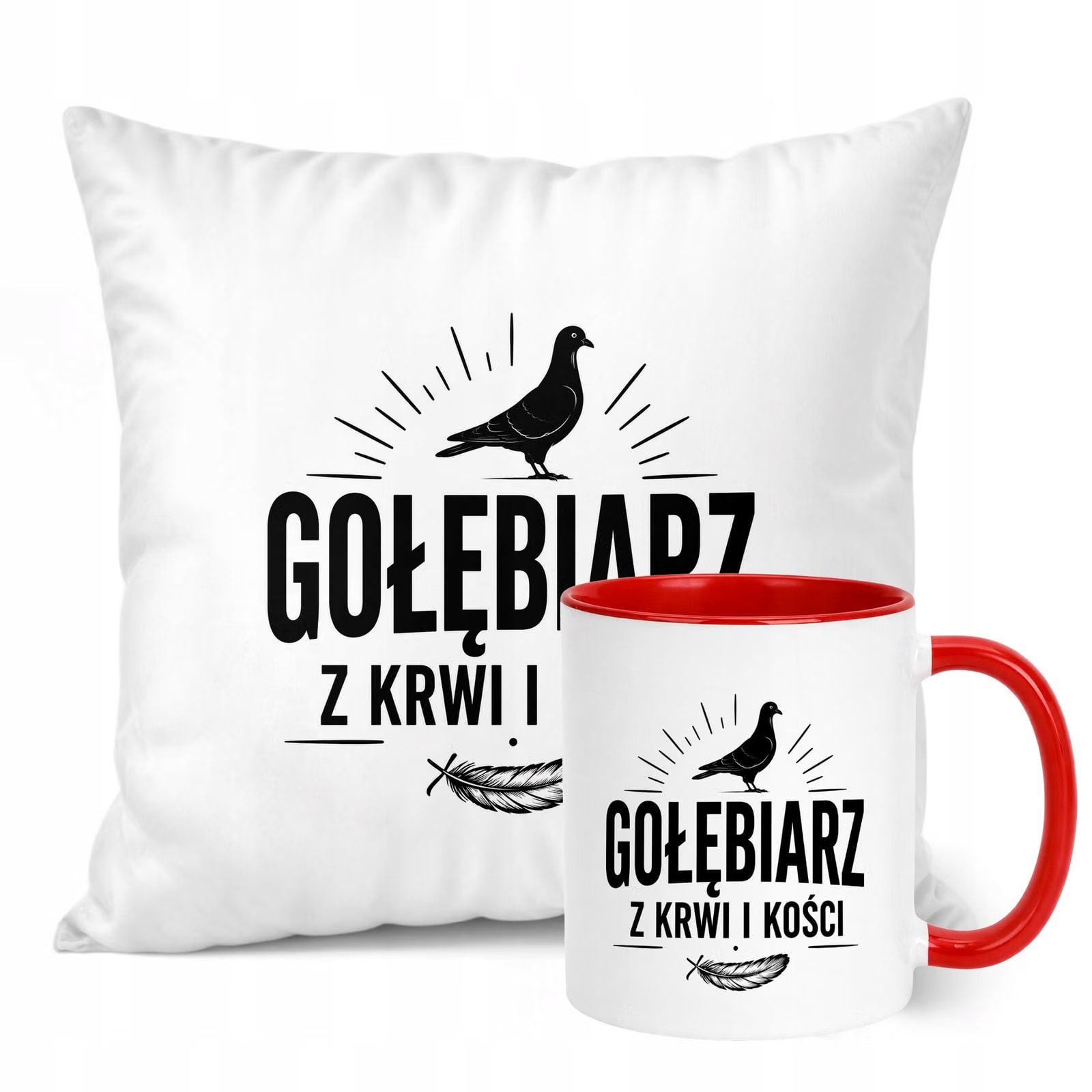 Zestaw Kubek Czerwony Poduszka Z Nadrukiem Dla Gołębiarza Prezent