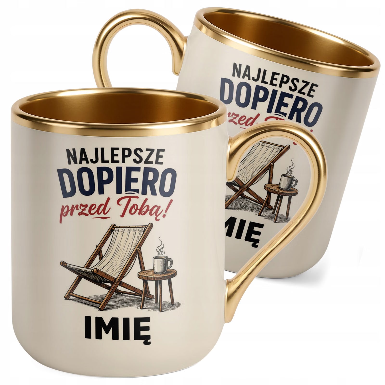 Kubek Personalizowany z nadrukiem Premium Złoty Ecru Emerytura Prezent