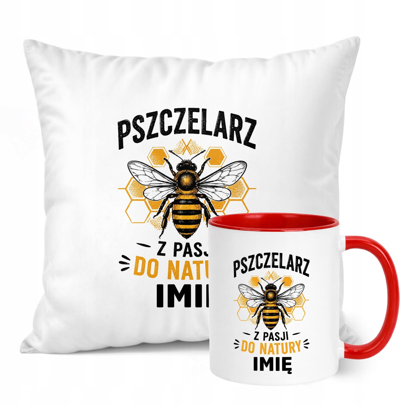 Zestaw Personalizowany Kubek Czerwony Poduszka Z Nadrukiem Dla Pszczelarza