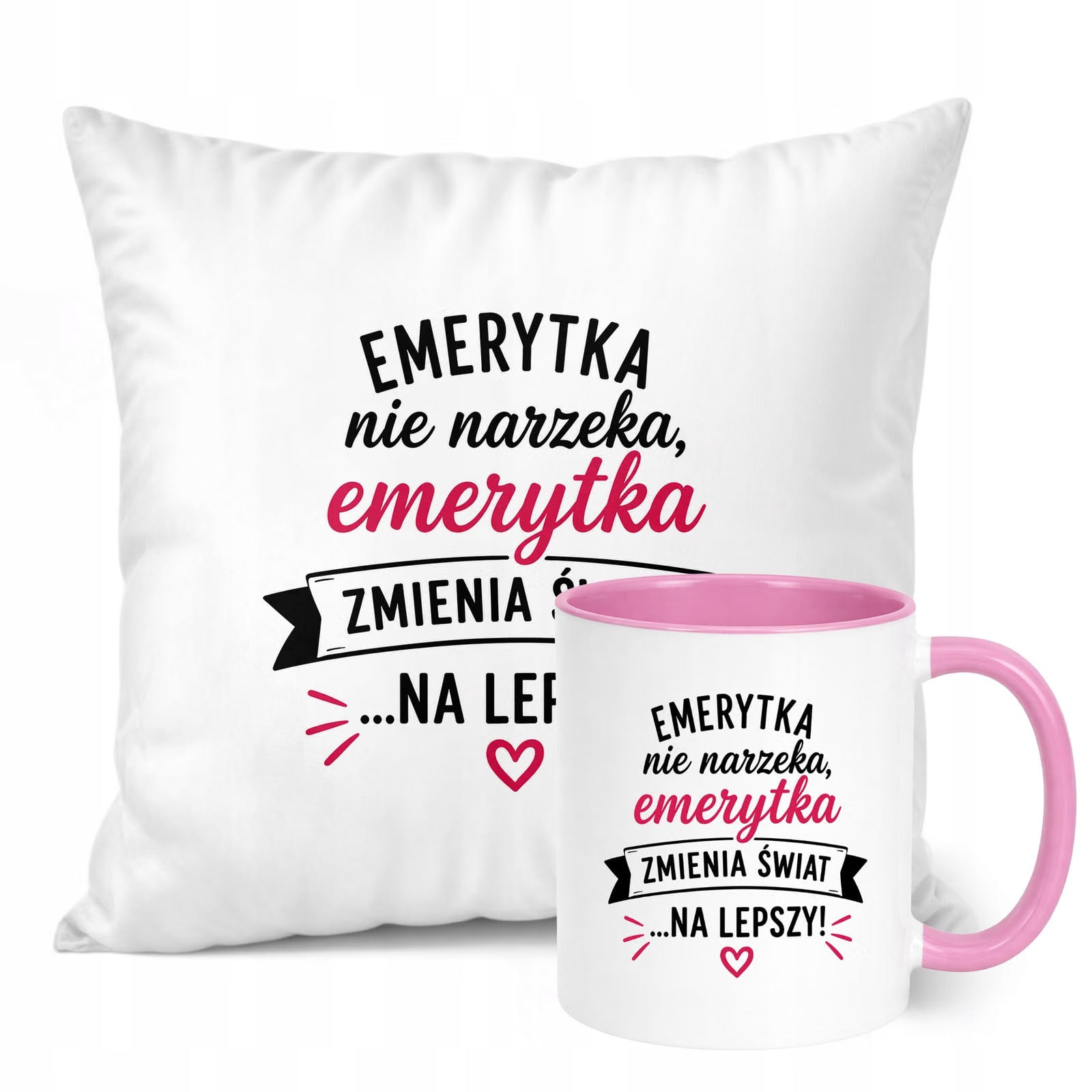 Zestaw Kubek Różowy Poduszka Z Nadrukiem Emerytura Dla Emerytki Prezent