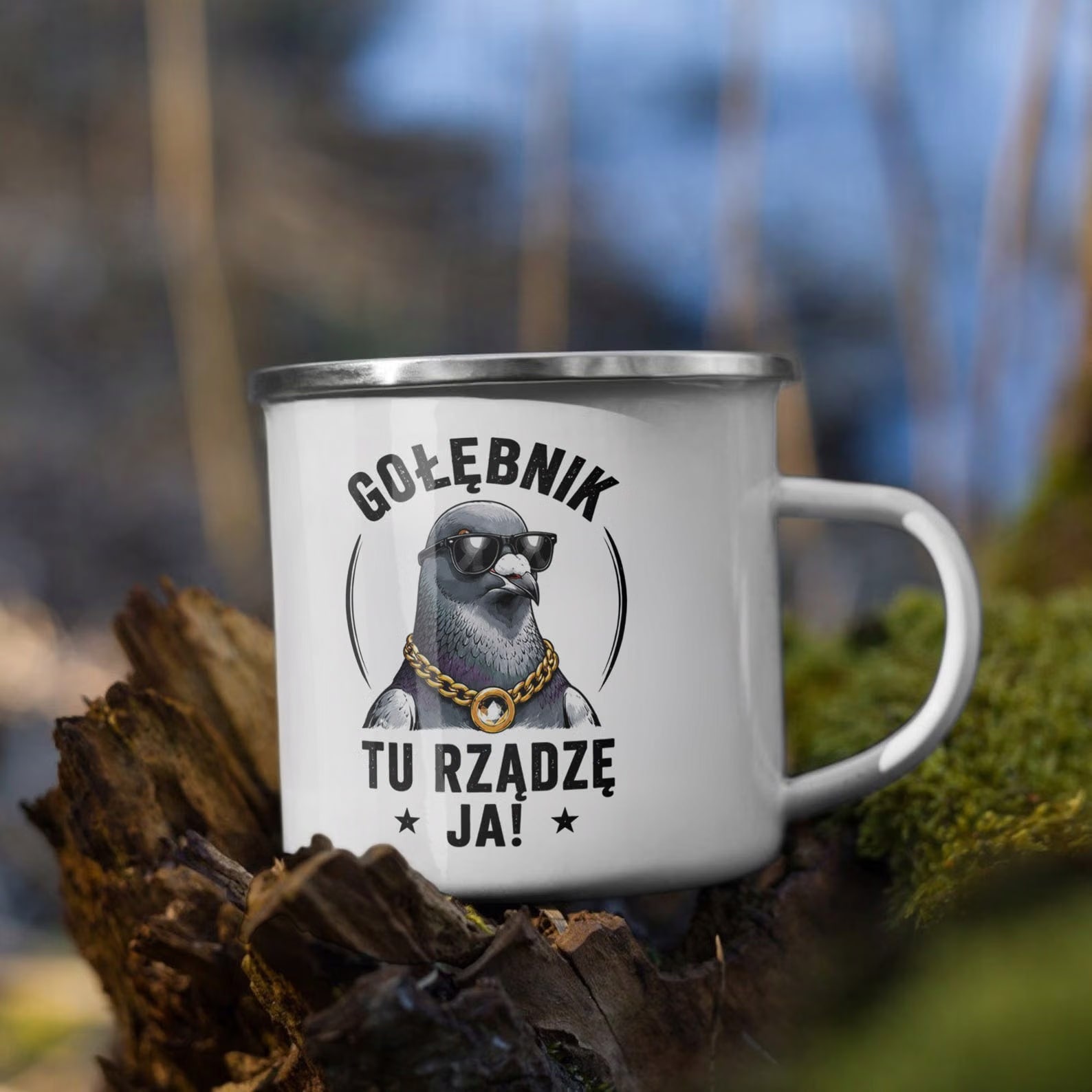 Kubek Emaliowany Dla Hodowcy Gołębi z Nadrukiem Biały Metalowy Prezent