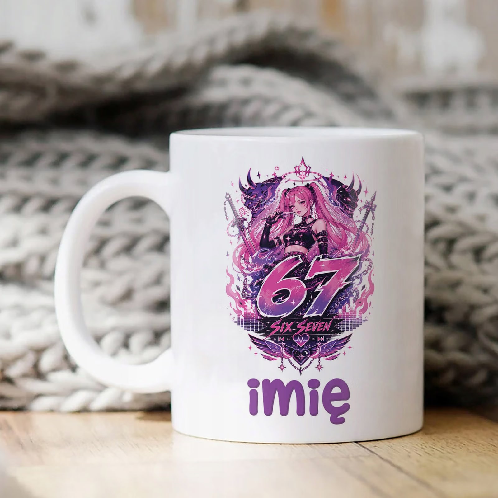 Biały Kubek z nadrukiem personalizowany 67 Kpop Łowczynie Dla Dzieci