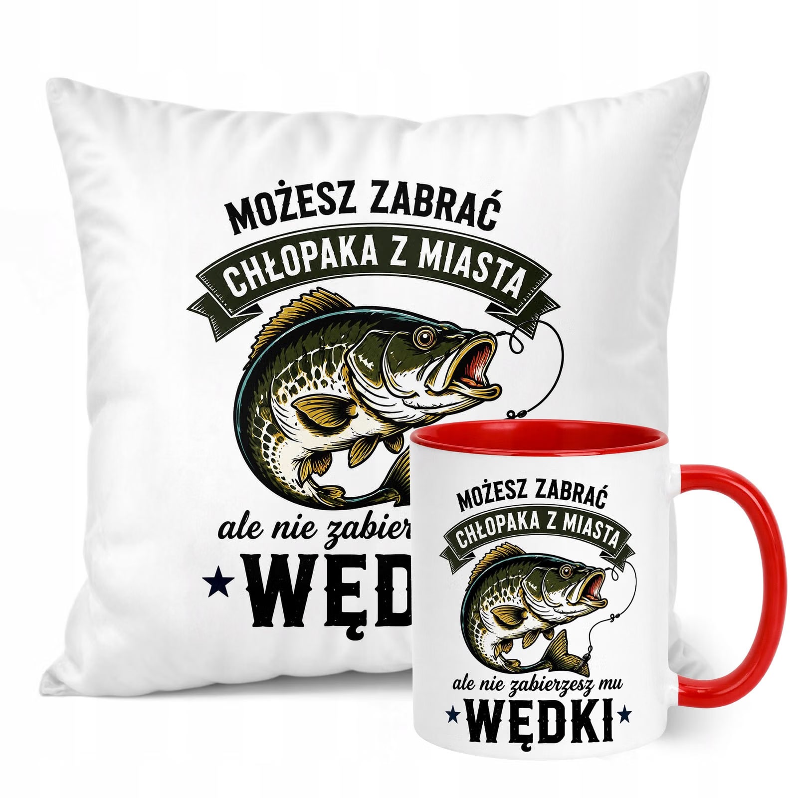 Zestaw Kubek Czerwony Poduszka Z Nadrukiem Dla Wędkarza Prezent