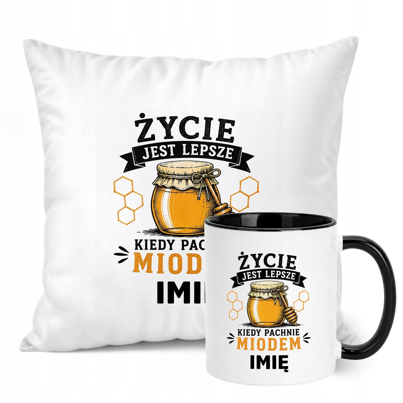 Zestaw Personalizowany Kubek Czarny Poduszka Z Nadrukiem Dla Pszczelarza