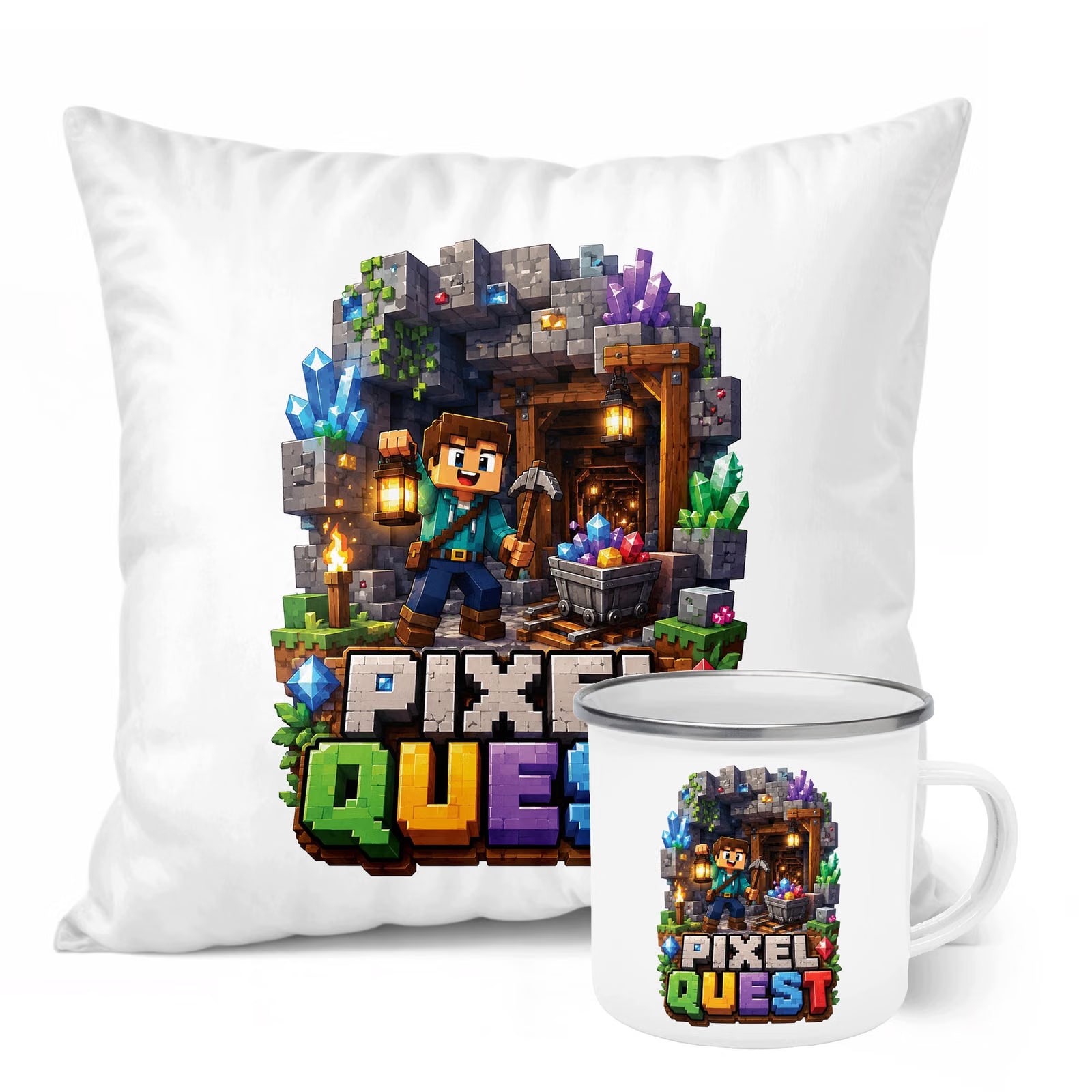 Zestaw Kubek Emaliowany Poduszka Z Nadrukiem PIXEL Gra Prezent
