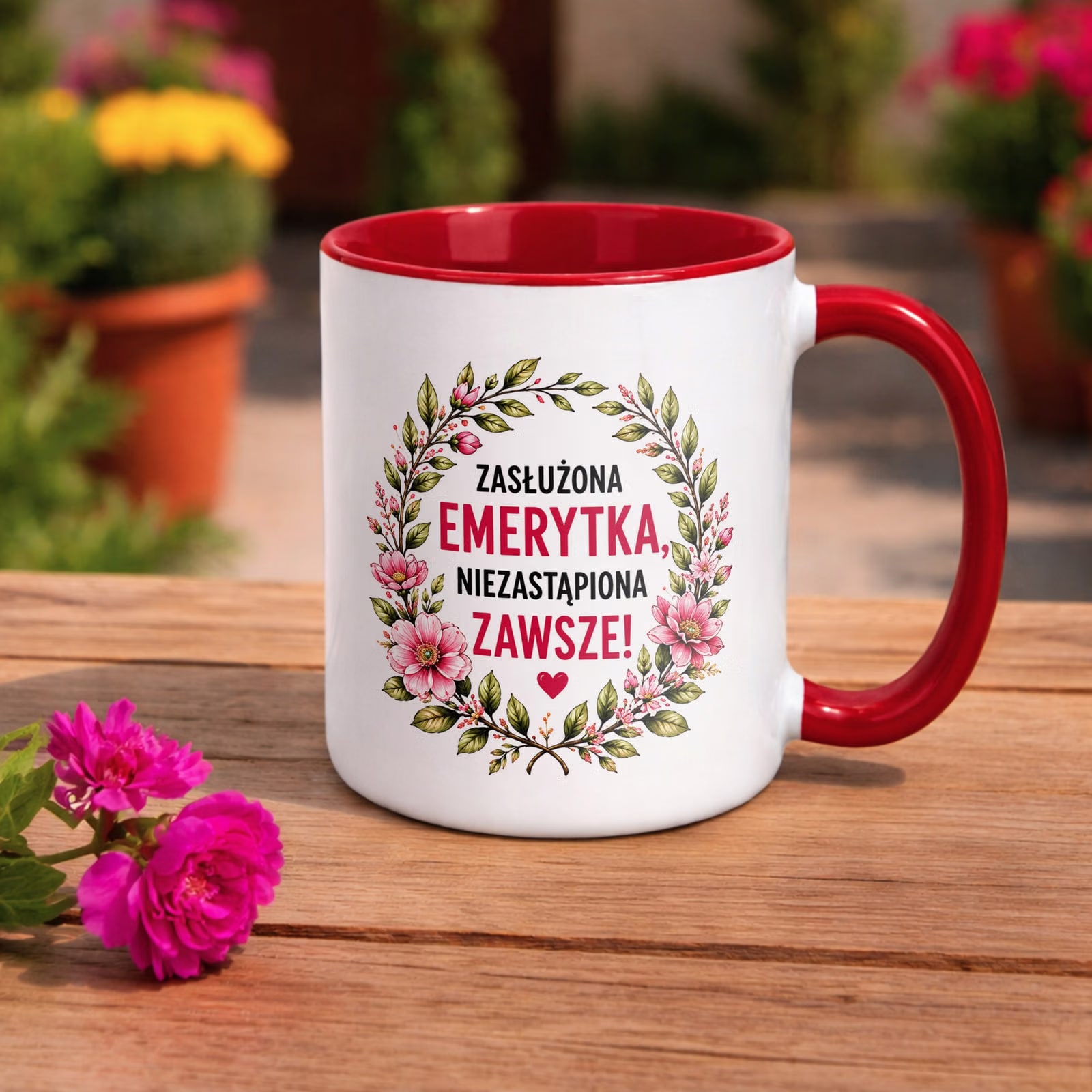 Kubek Czerwony z nadrukiem Emerytura Dla Emerytki Upominek Prezent