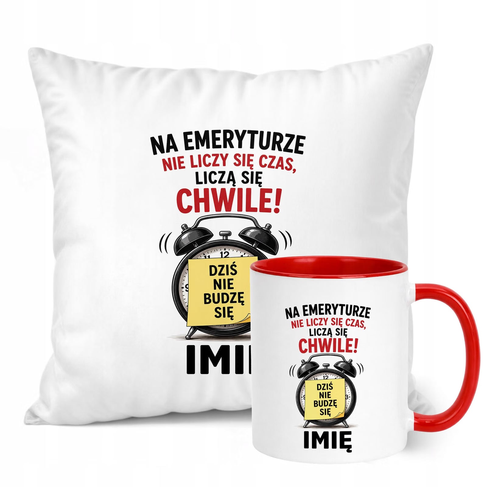 Zestaw Personalizowany Kubek Czerwony Poduszka Emerytura Upominek Prezent