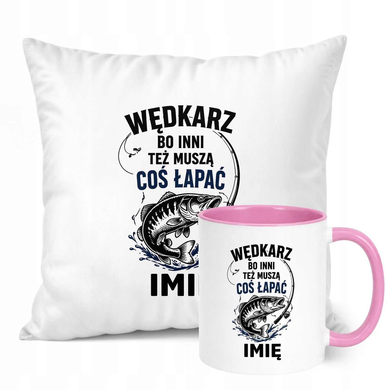 Zestaw Personalizowany Kubek Różowy Poduszka Z Nadrukiem Dla Wędkarza