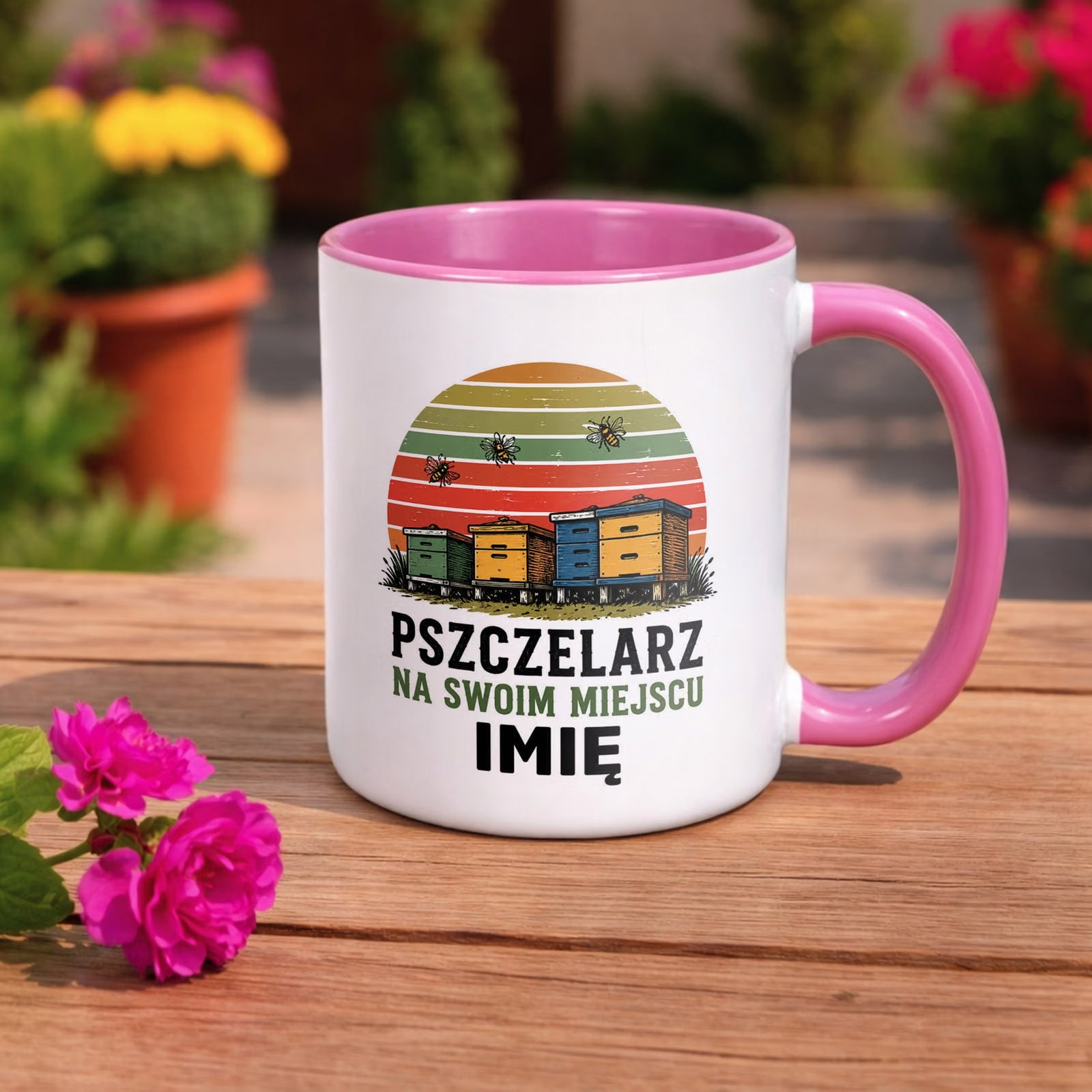 Zestaw Personalizowany Kubek Różowy Poduszka Z Nadrukiem Dla Pszczelarza