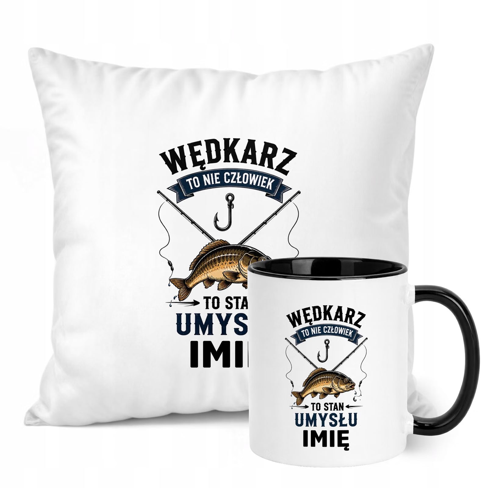 Zestaw Personalizowany Kubek Czarny Poduszka Z Nadrukiem Dla Wędkarza