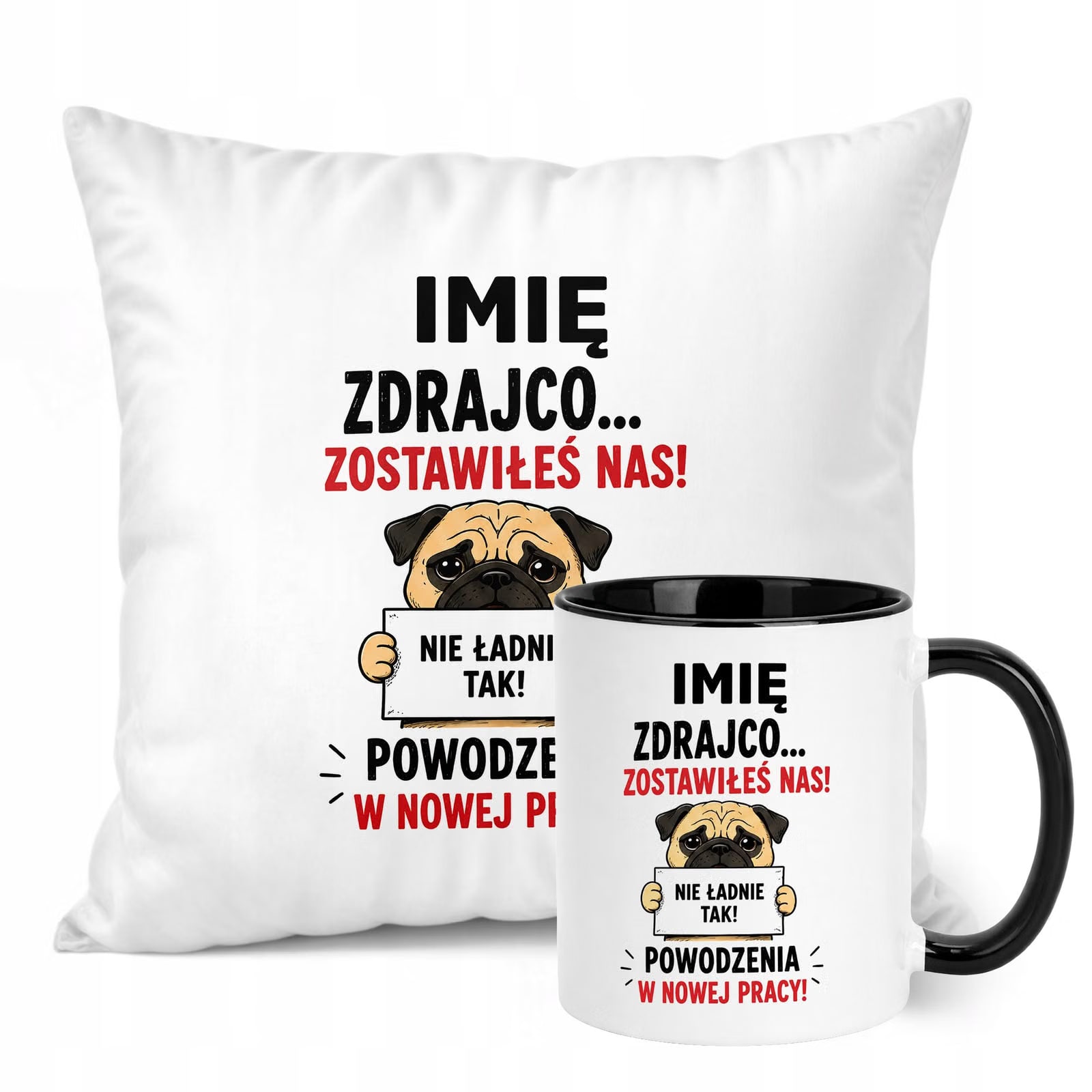 Zestaw Personalizowany Kubek Czarny Poduszka Odejście z Pracy Prezent