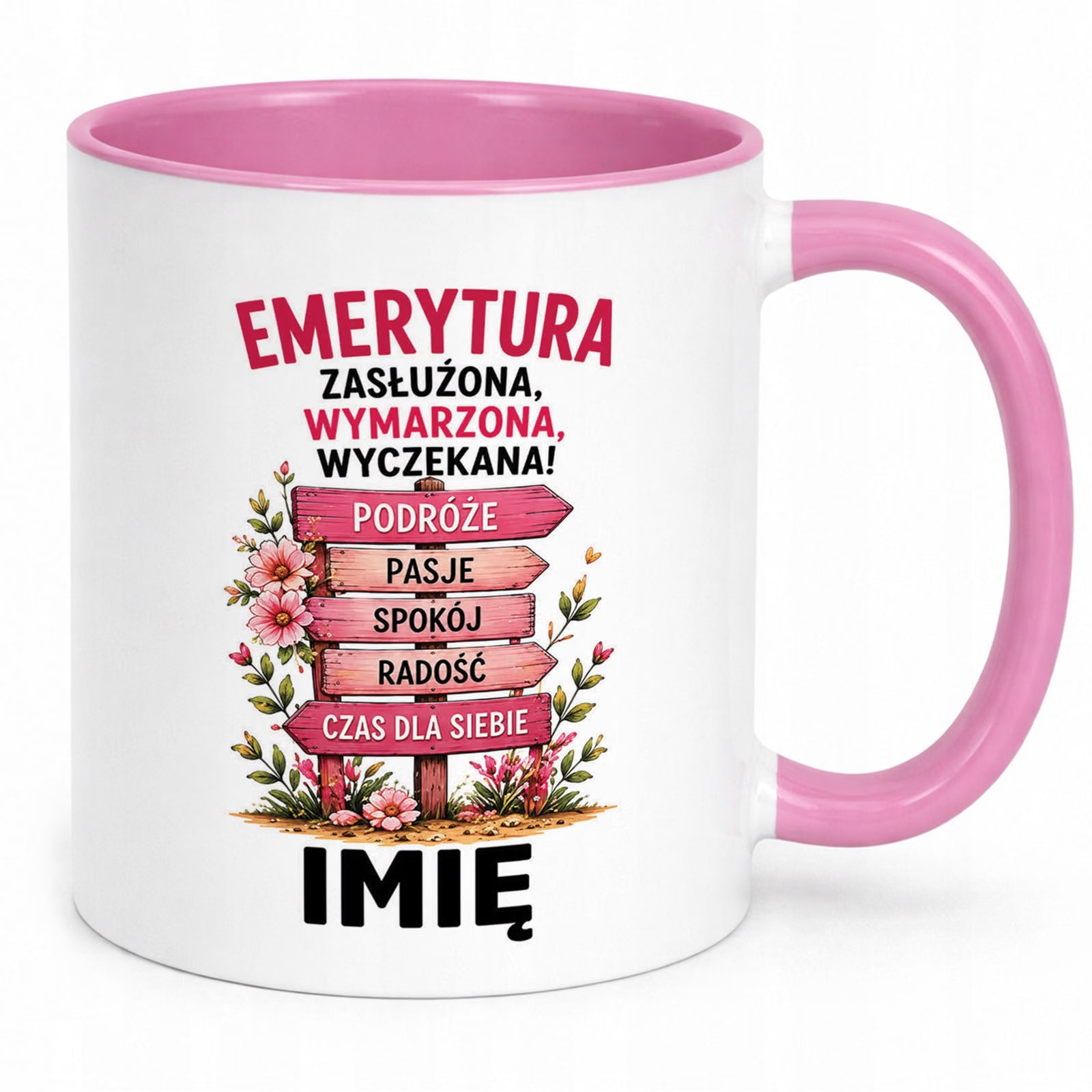 Kubek Różowy Personalizowany z Nadrukiem Emerytura Dla Emerytki Prezent