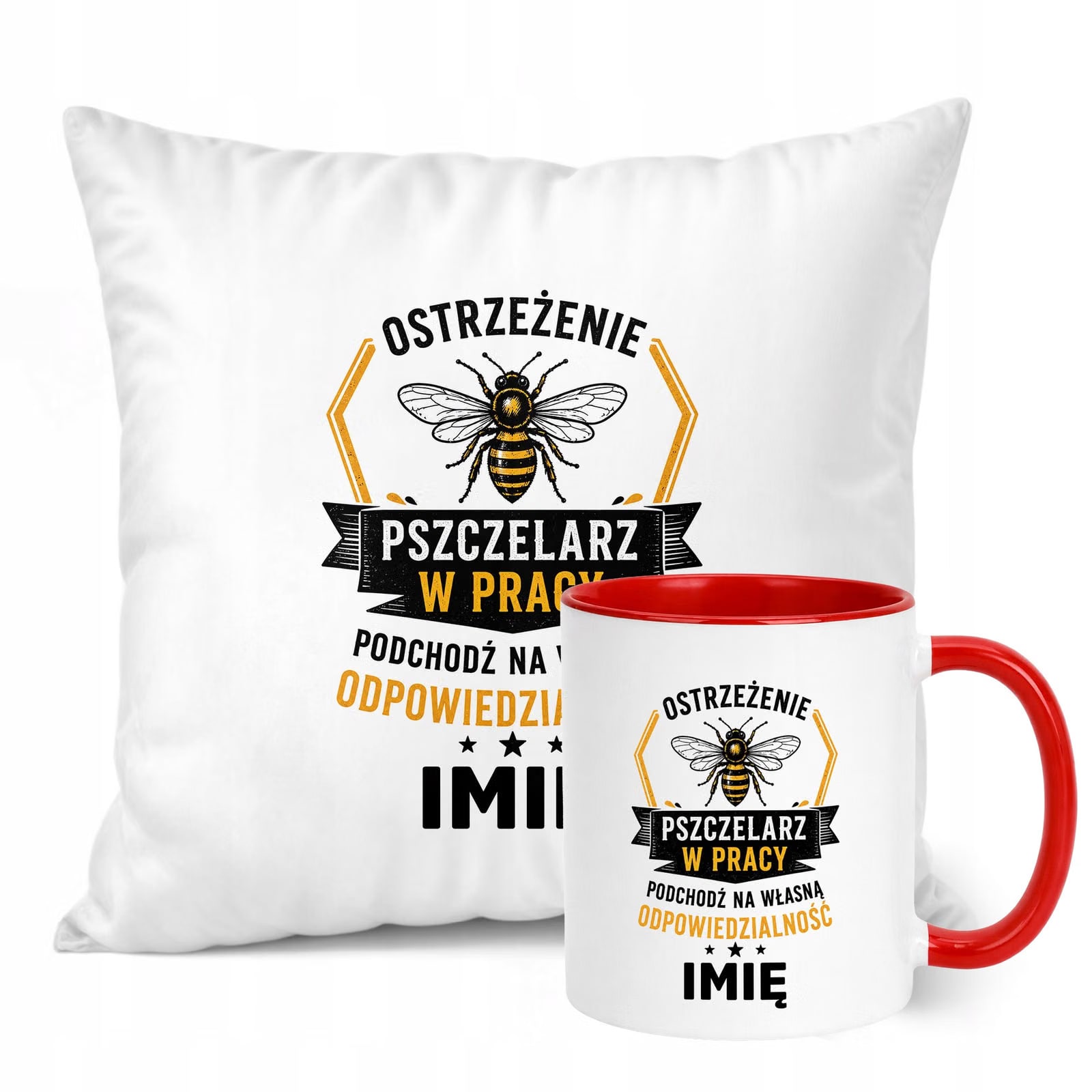 Zestaw Personalizowany Kubek Czerwony Poduszka Z Nadrukiem Dla Pszczelarza