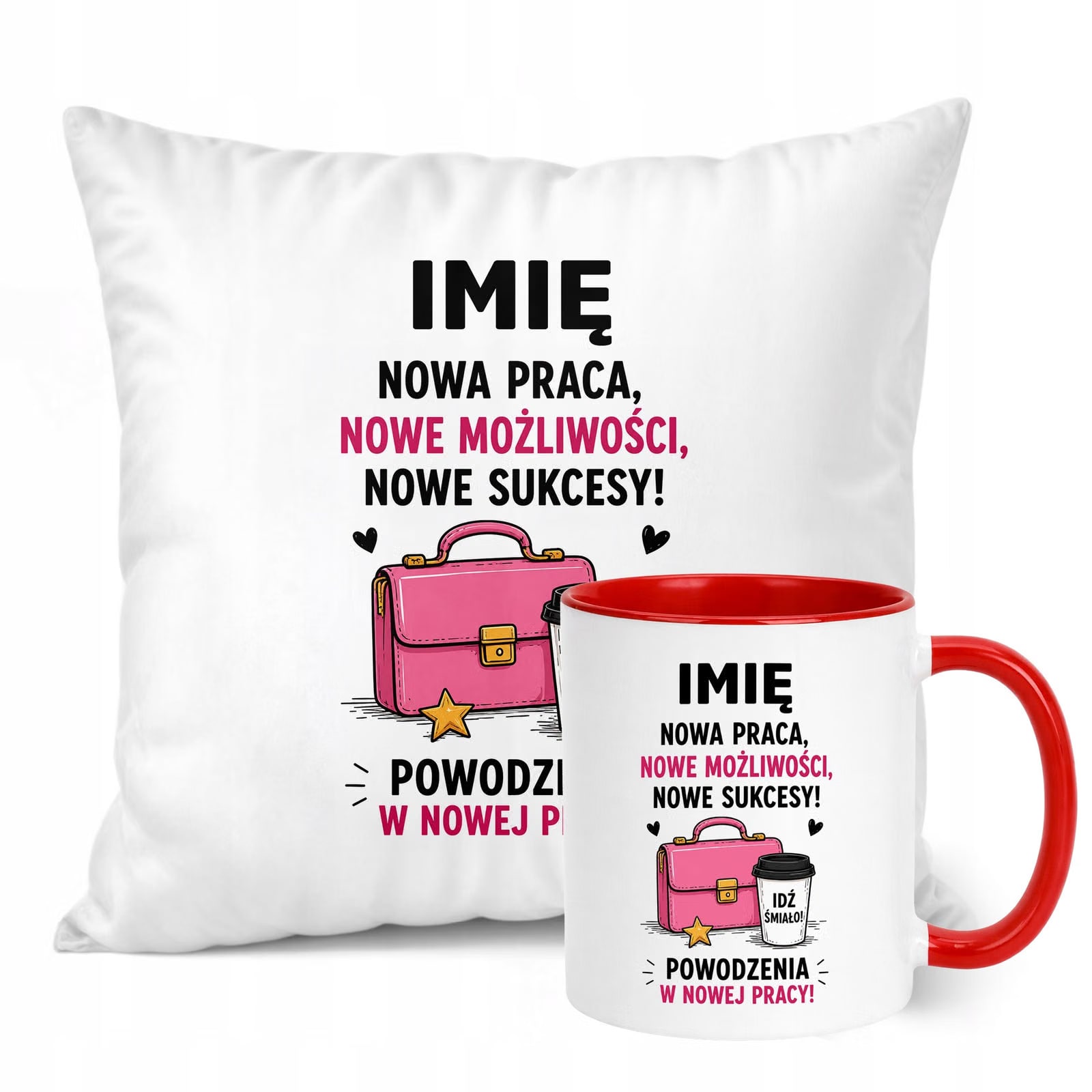 Zestaw Personalizowany Kubek Czerwony Poduszka Odejście z Pracy Prezent