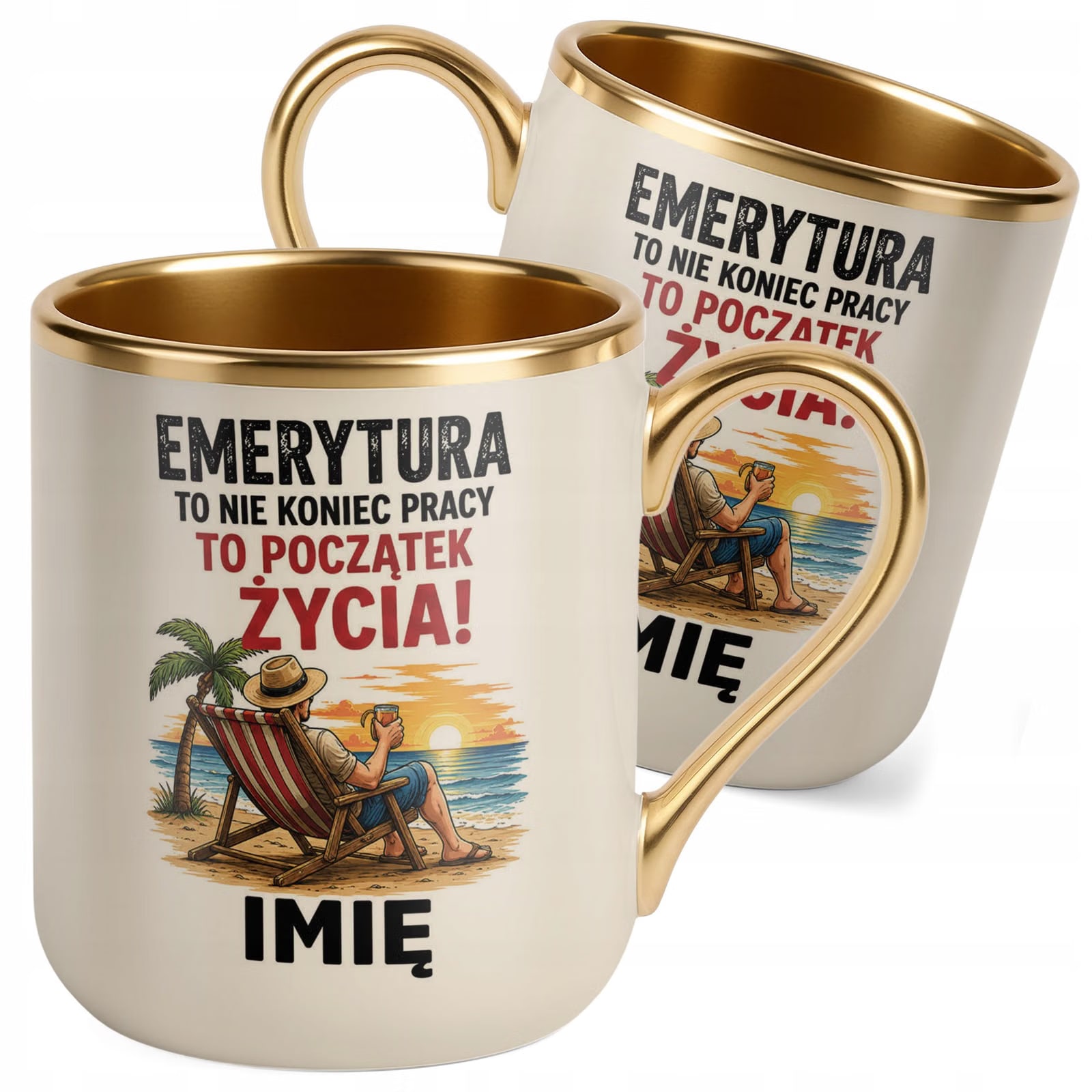 Kubek Personalizowany z nadrukiem Premium Złoty Ecru Emerytura Prezent
