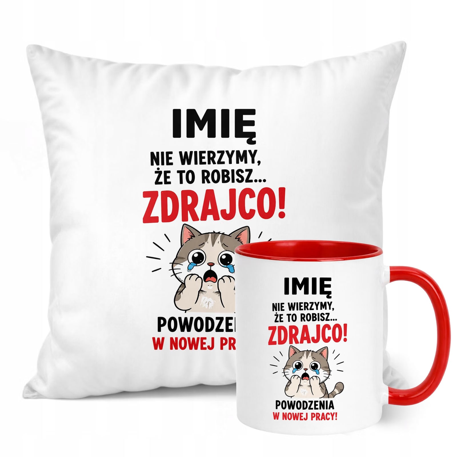 Zestaw Personalizowany Kubek Czerwony Poduszka Odejście z Pracy Prezent