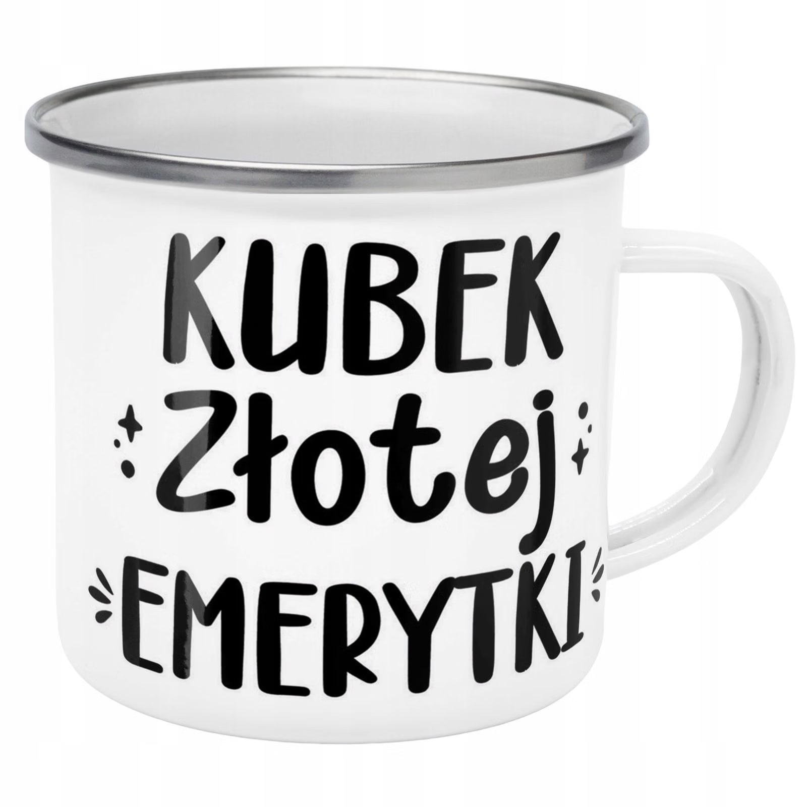 Kubek Emaliowany z okazji Emerytury Dla Emerytki z Nadrukiem Biały Metalowy