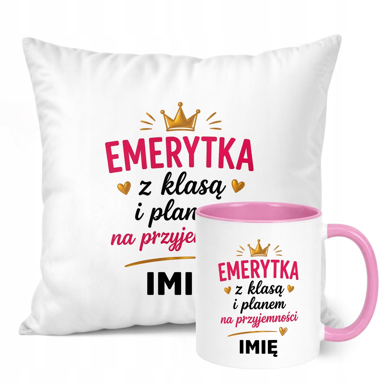 Zestaw Personalizowany Kubek Różowy Poduszka Emerytura Upominek Prezent