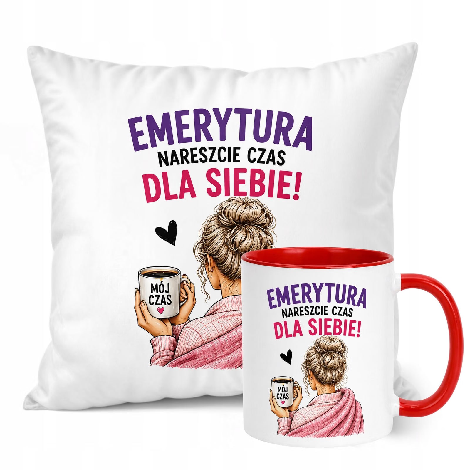Zestaw Kubek Czerwony Poduszka Z Nadrukiem Emerytura Dla Emerytki Prezent