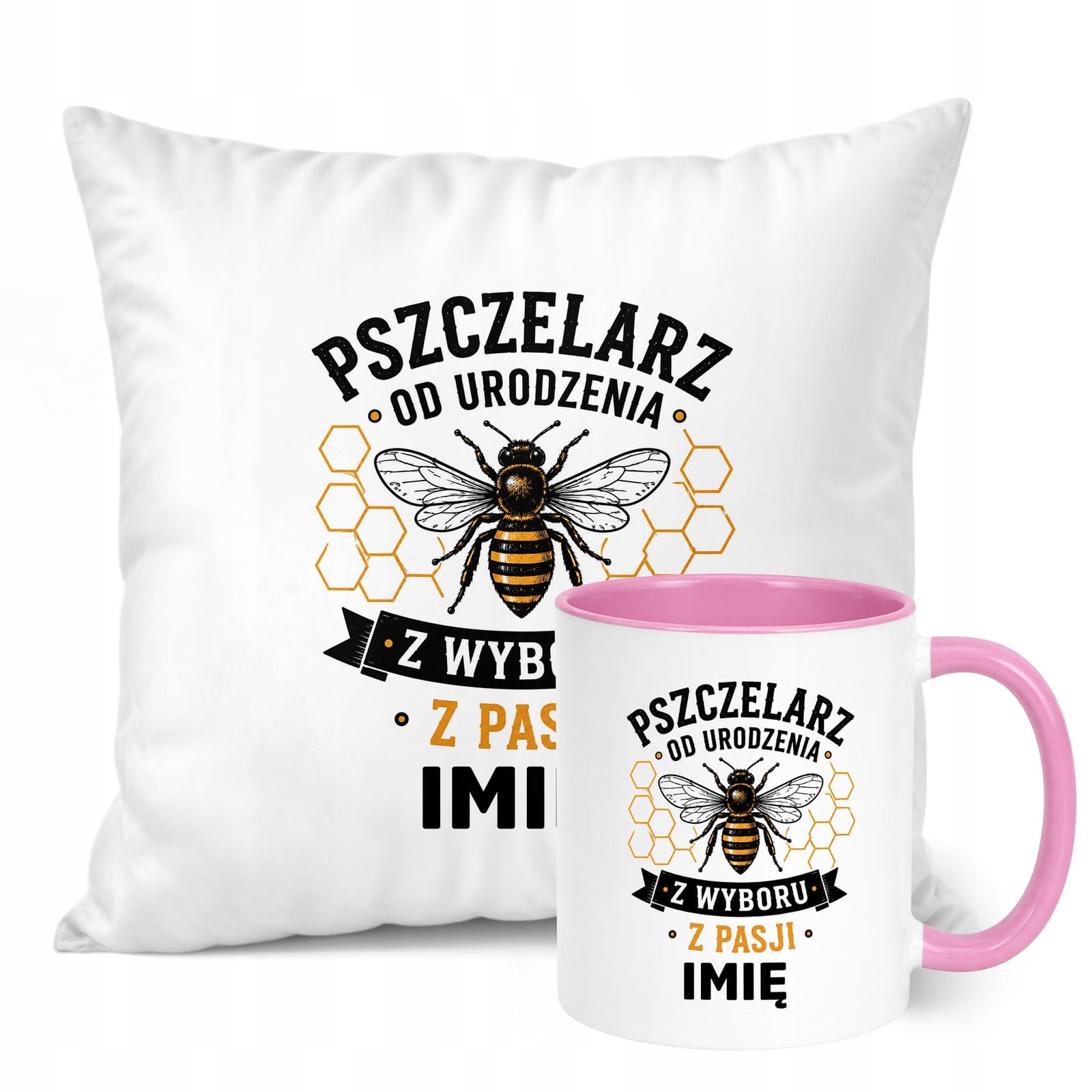 Zestaw Personalizowany Kubek Różowy Poduszka Z Nadrukiem Dla Pszczelarza