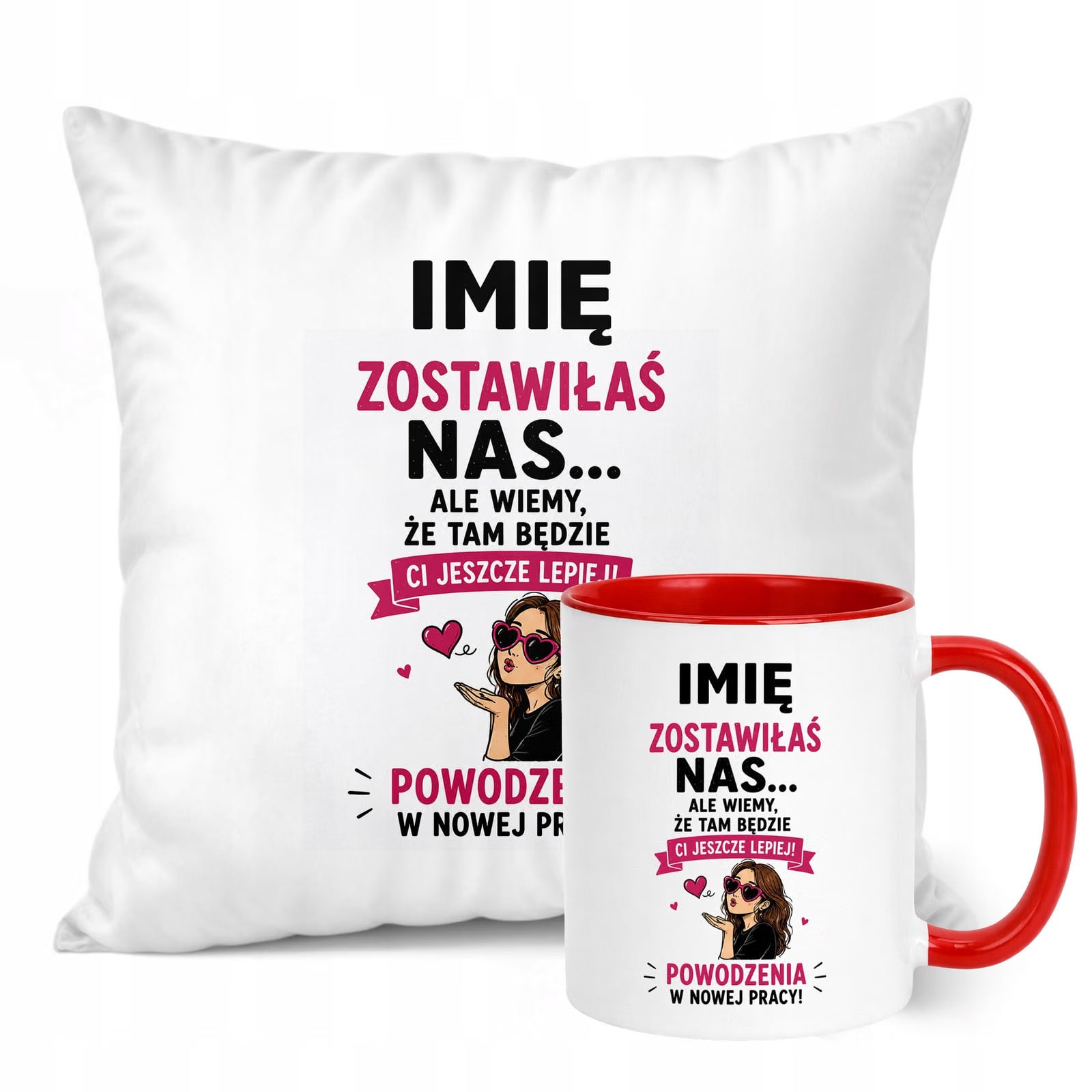 Zestaw Personalizowany Kubek Czerwony Poduszka Odejście z Pracy Prezent