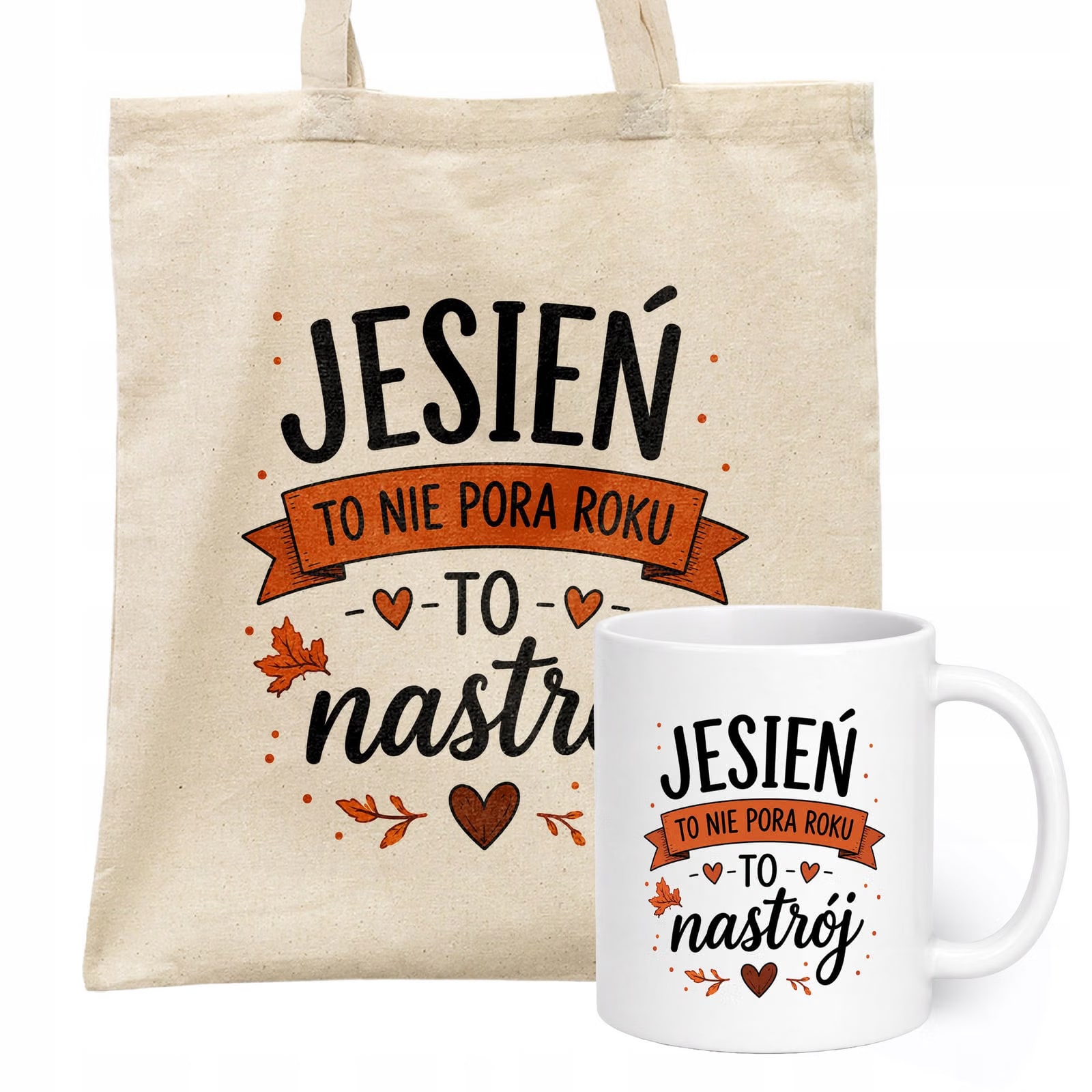 Zestaw Kubek Biały Torba Shopper Ecru Z Nadrukiem Jesień Jesienny Prezent