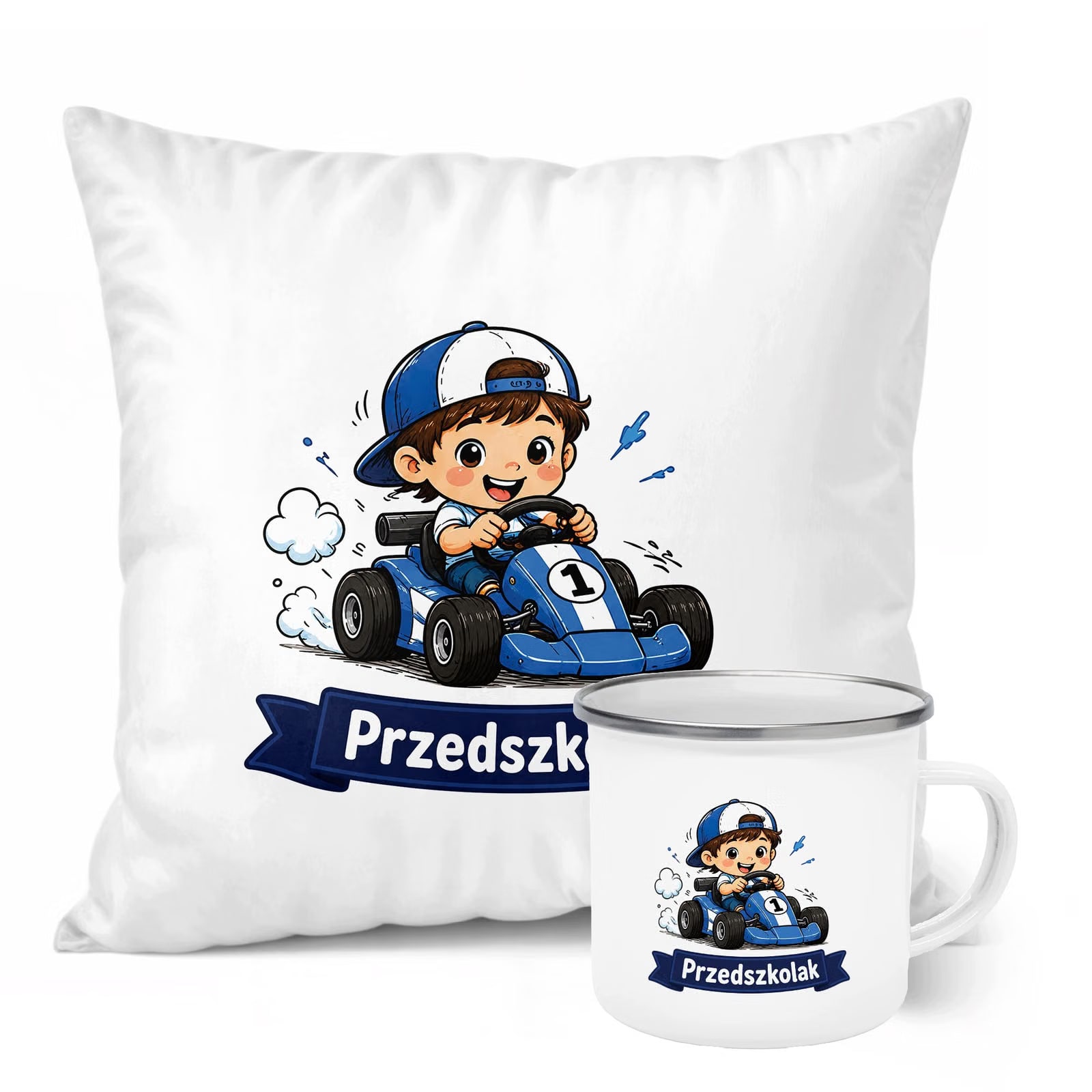 Zestaw Kubek Emaliowany Poduszka Z Nadrukiem Przedszkolak Szkoła Prezent