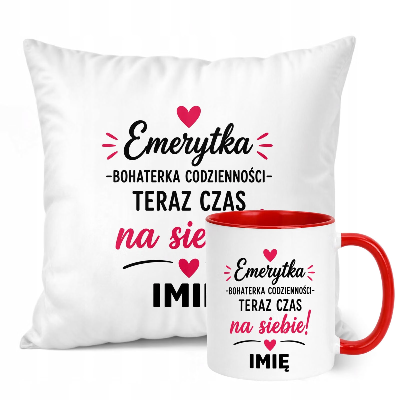 Zestaw Personalizowany Kubek Czerwony Poduszka Emerytura Upominek Prezent