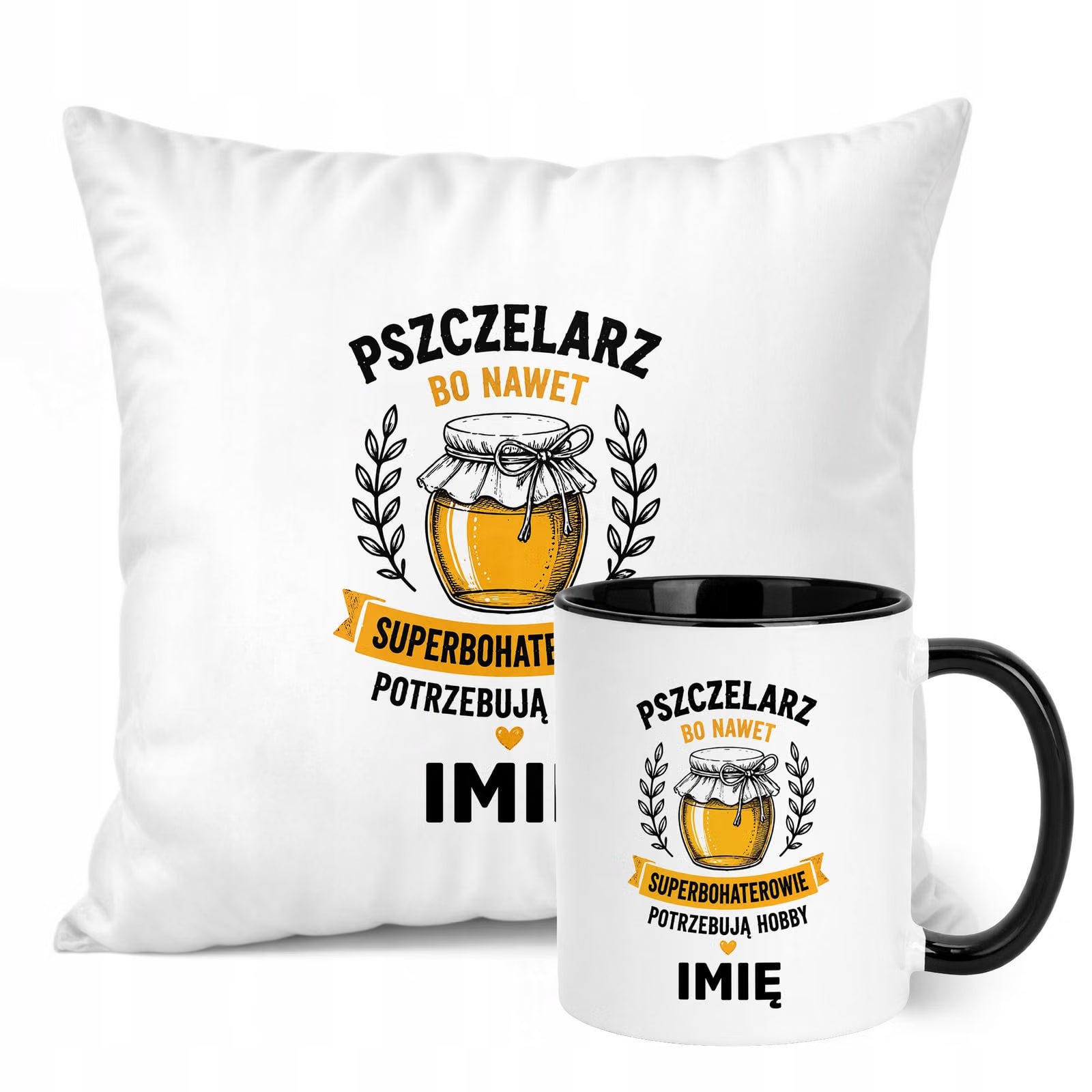 Zestaw Personalizowany Kubek Czarny Poduszka Z Nadrukiem Dla Pszczelarza