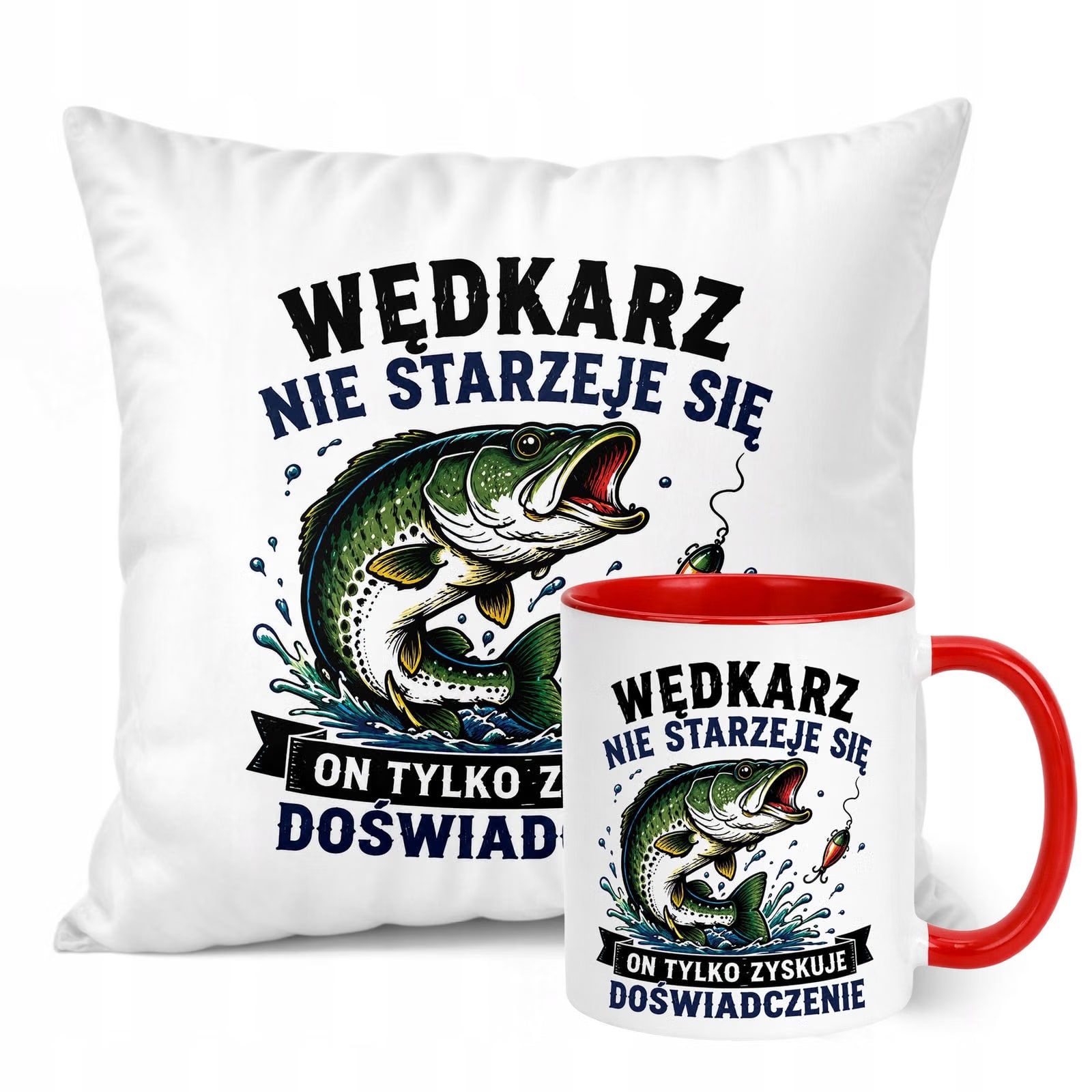 Zestaw Kubek Czerwony Poduszka Z Nadrukiem Dla Wędkarza Prezent