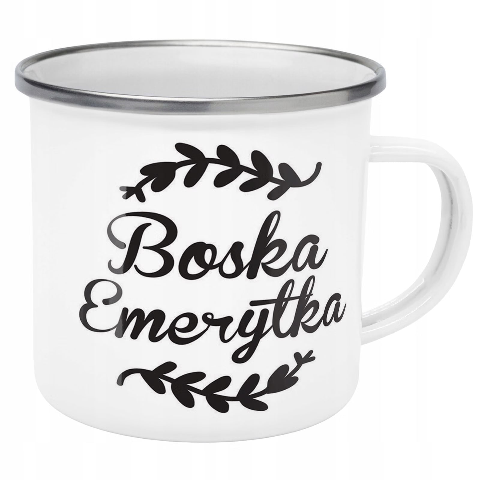 Kubek Emaliowany z okazji Emerytury Dla Emerytki z Nadrukiem Biały Metalowy
