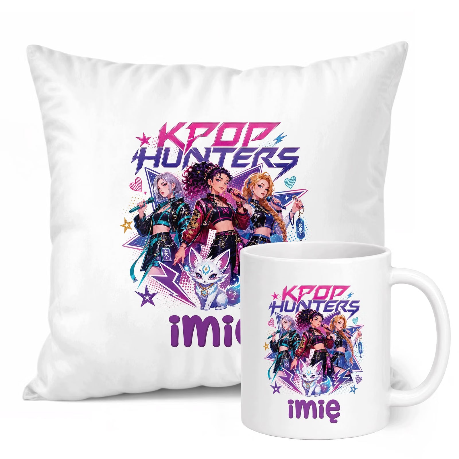 Zestaw Personalizowany Kubek Biały Poduszka Łowczynie Kpop Prezent