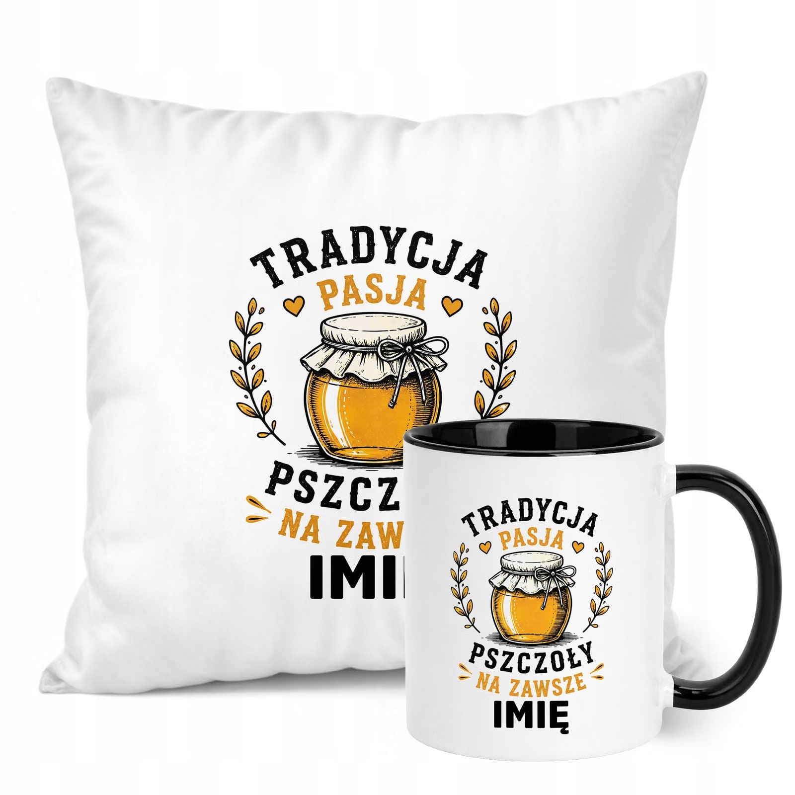 Zestaw Personalizowany Kubek Czarny Poduszka Z Nadrukiem Dla Pszczelarza
