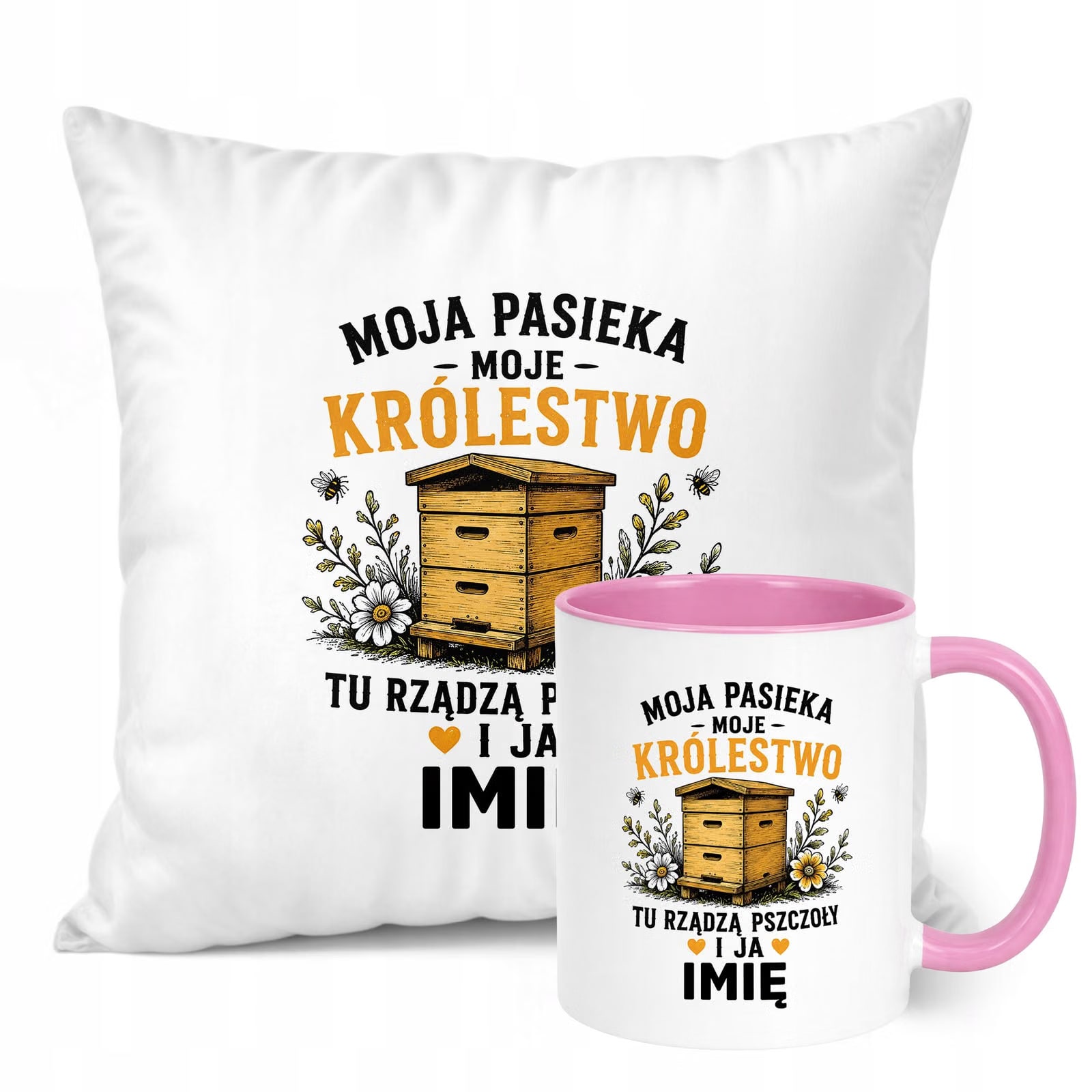 Zestaw Personalizowany Kubek Różowy Poduszka Z Nadrukiem Dla Pszczelarza
