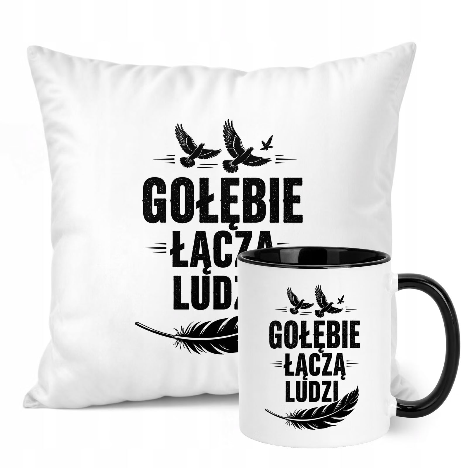Zestaw Kubek Czarny Poduszka Z Nadrukiem Dla Gołębiarza Prezent