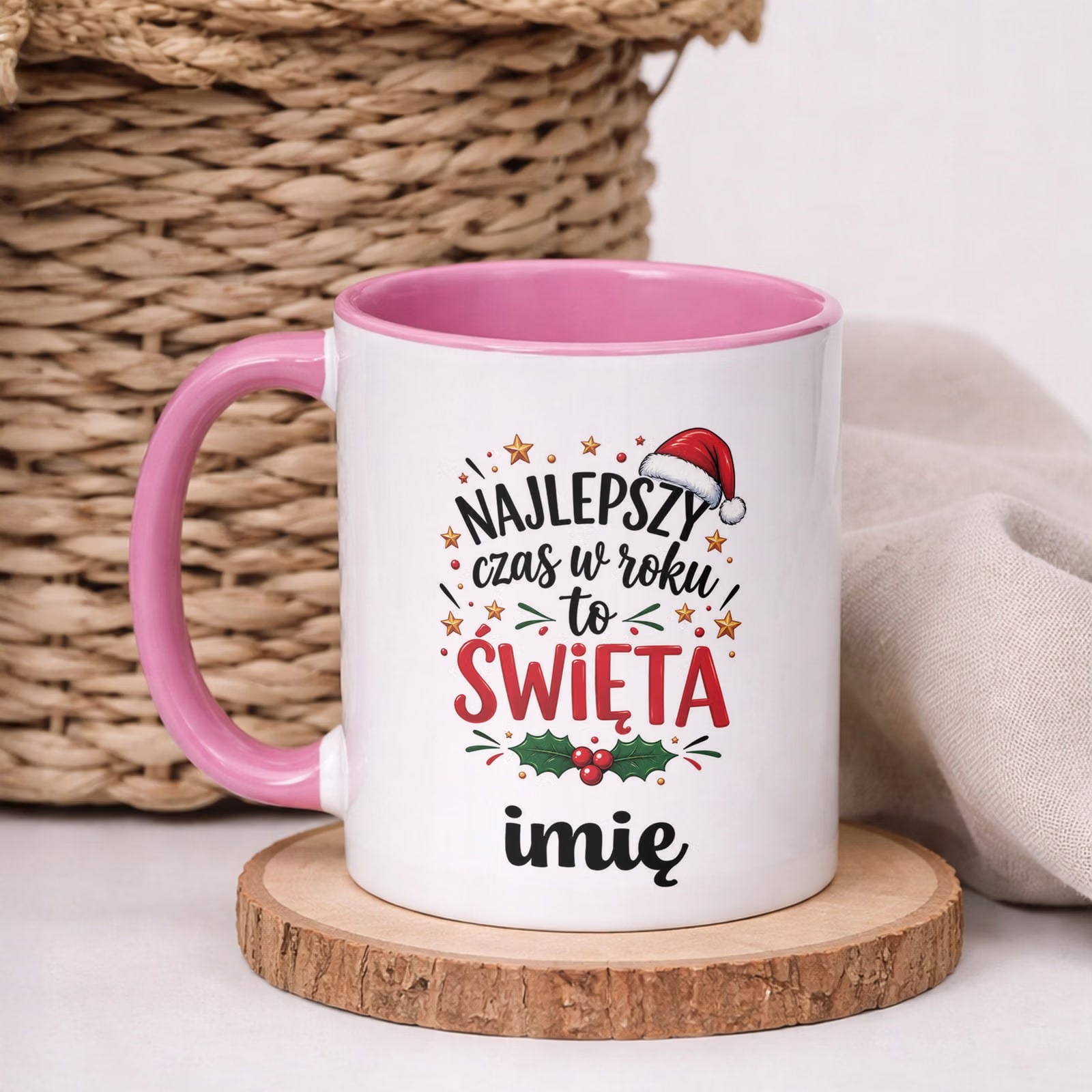 Kubek Różowy Personalizowany z Nadrukiem Boże Narodzenie Święta Prezent