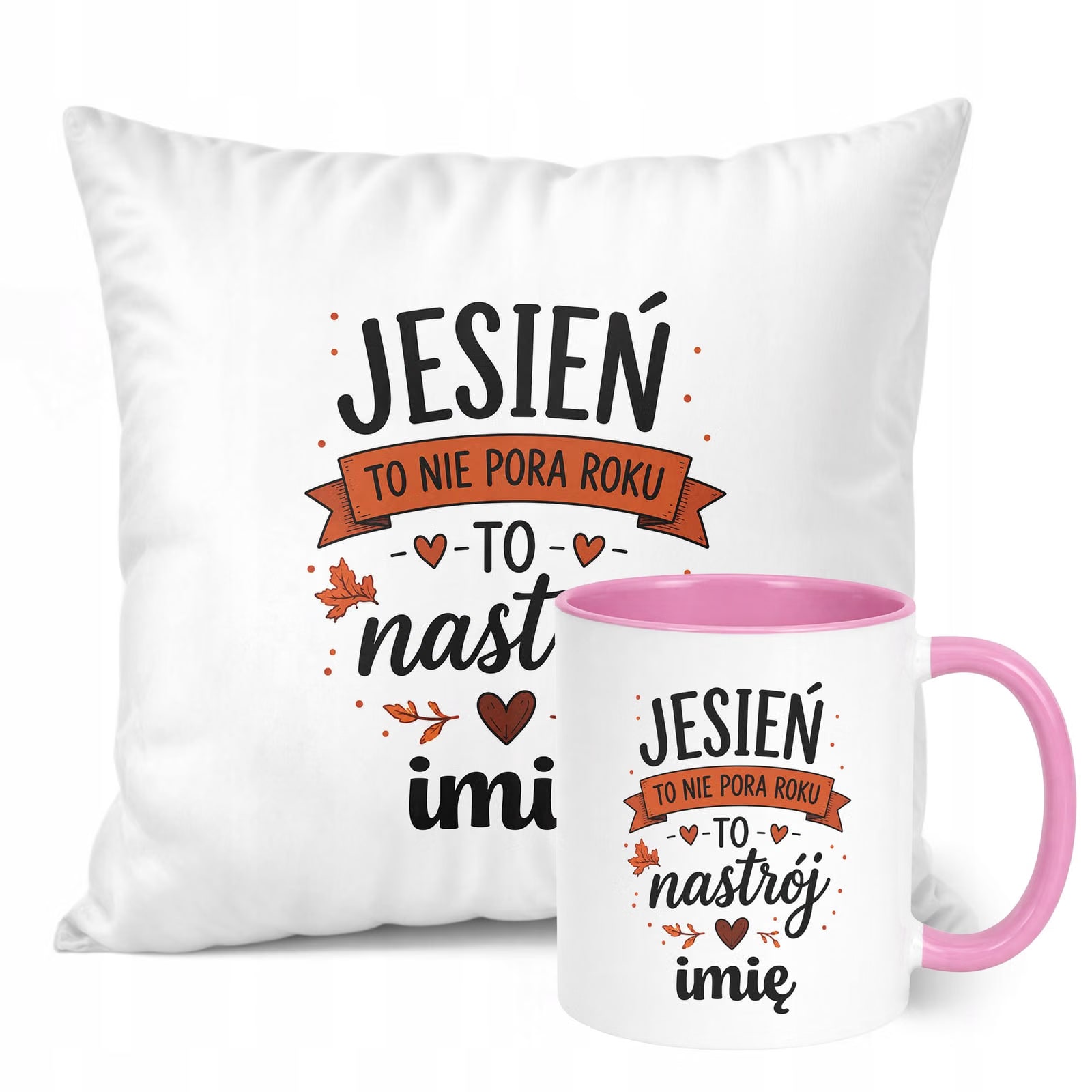 Zestaw Personalizowany Kubek Różowy Poduszka Jesień Jesienny Z Nadrukiem