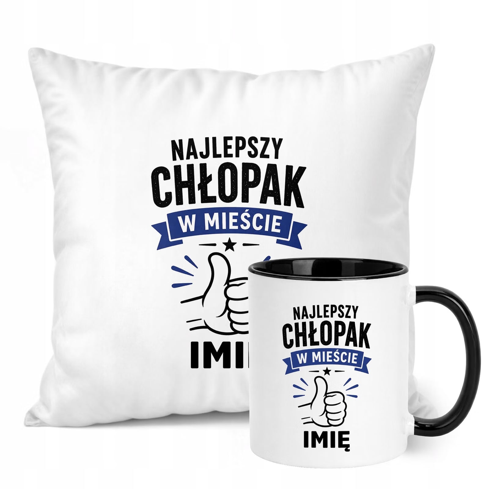 Zestaw Personalizowany Kubek Czarny Poduszka Dzień Chłopaka Z Nadrukiem
