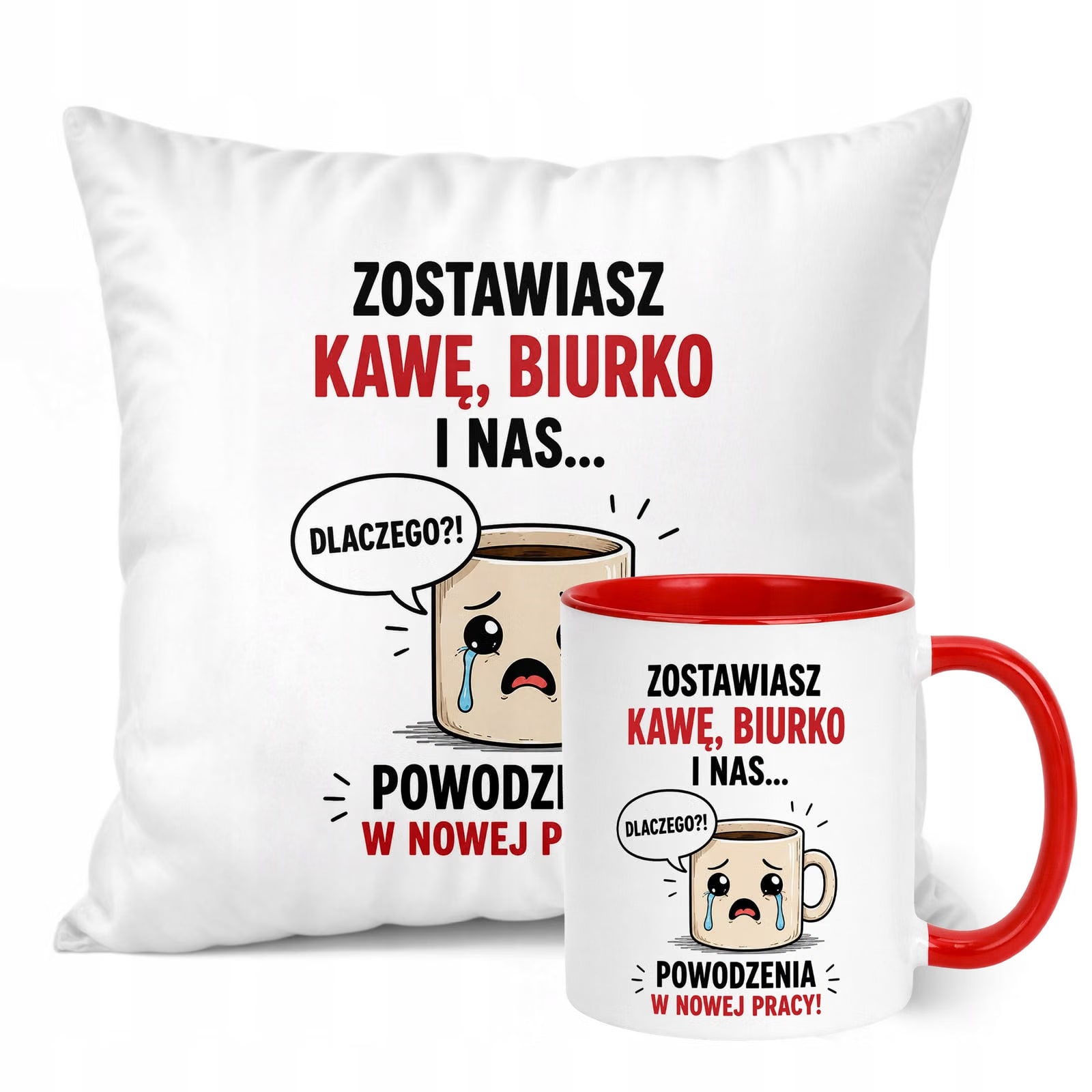 Zestaw Kubek Czerwony Poduszka Z Nadrukiem Odejście z Pracy Prezent