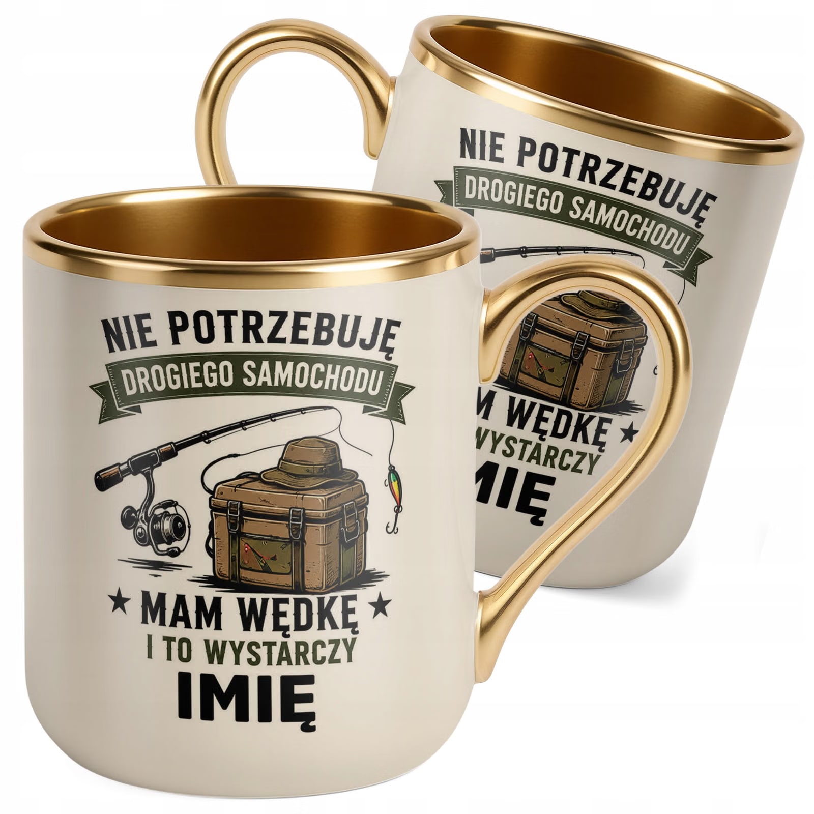 Kubek Personalizowany z nadrukiem Premium Złoty Ecru Dla Wędkarza Prezent
