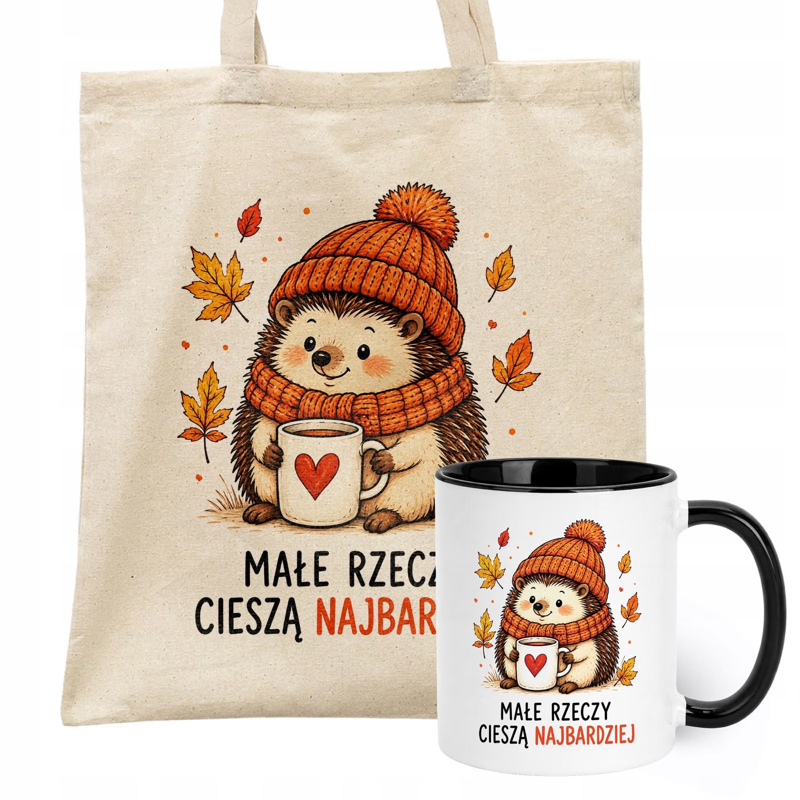 Zestaw Kubek Czarny Torba Shopper Ecru Z Nadrukiem Jesień Jesienny