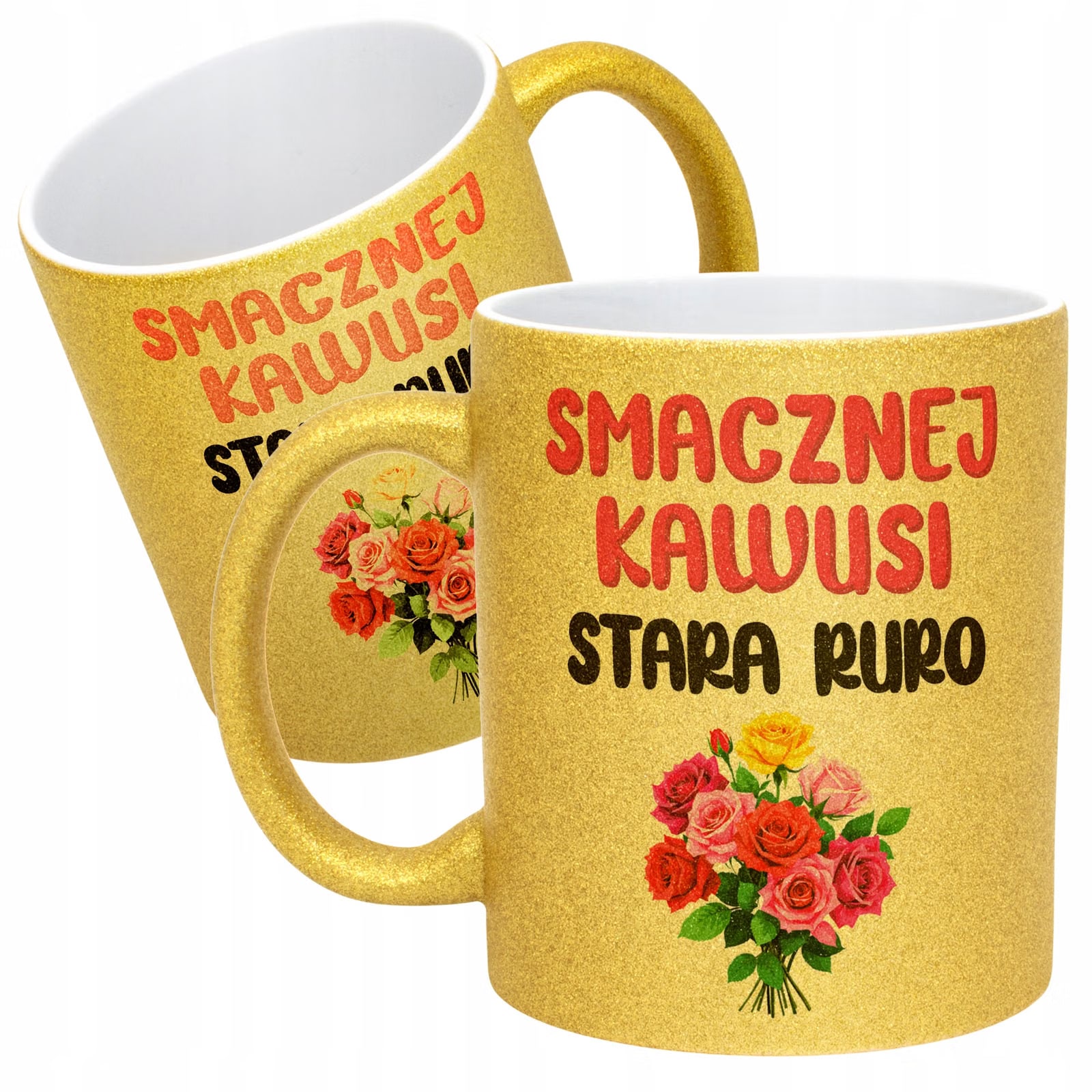Złoty Kubek Brokatowy Smacznej Kawusi Stara Ruro Zabawny Prezent