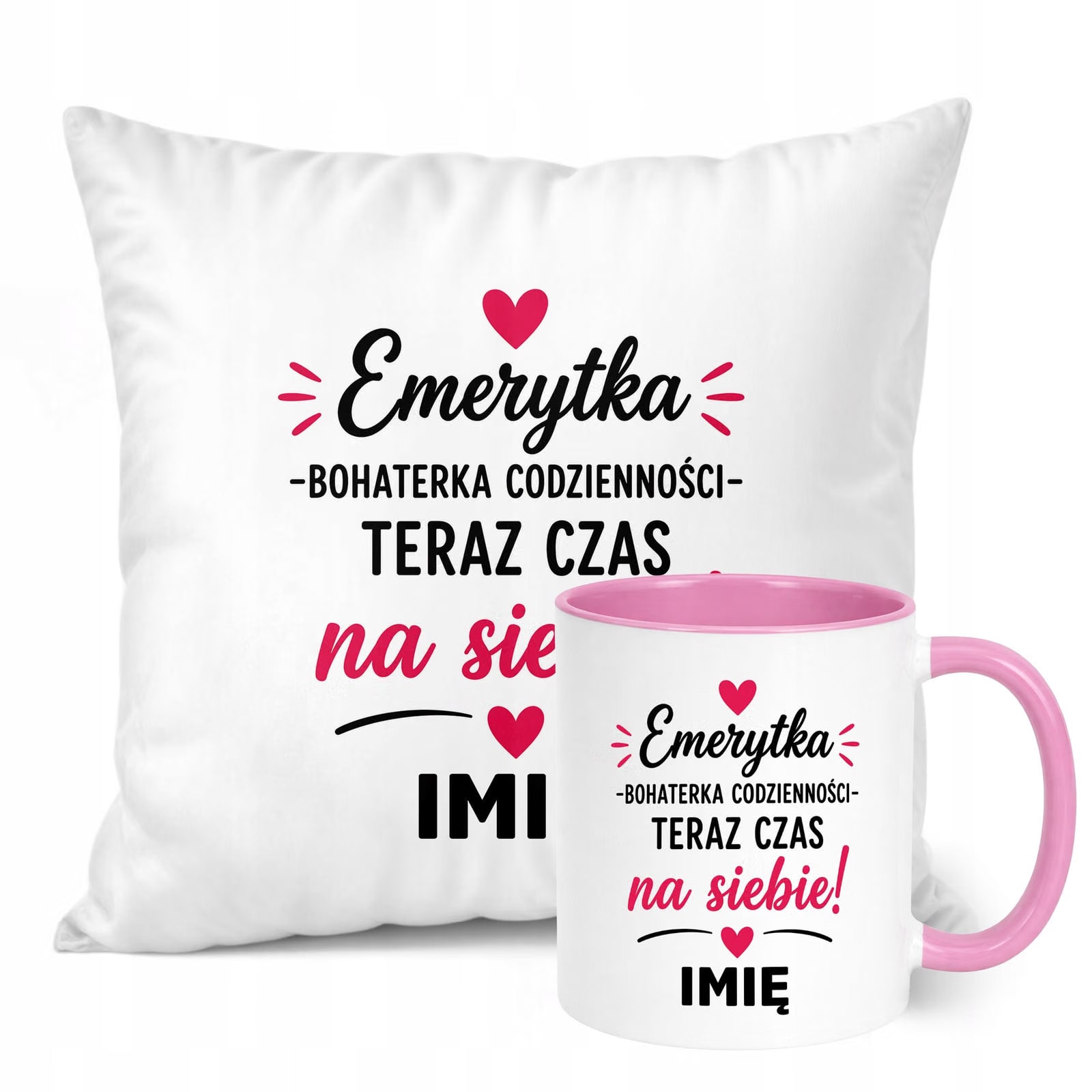 Zestaw Personalizowany Kubek Różowy Poduszka Emerytura Upominek Prezent