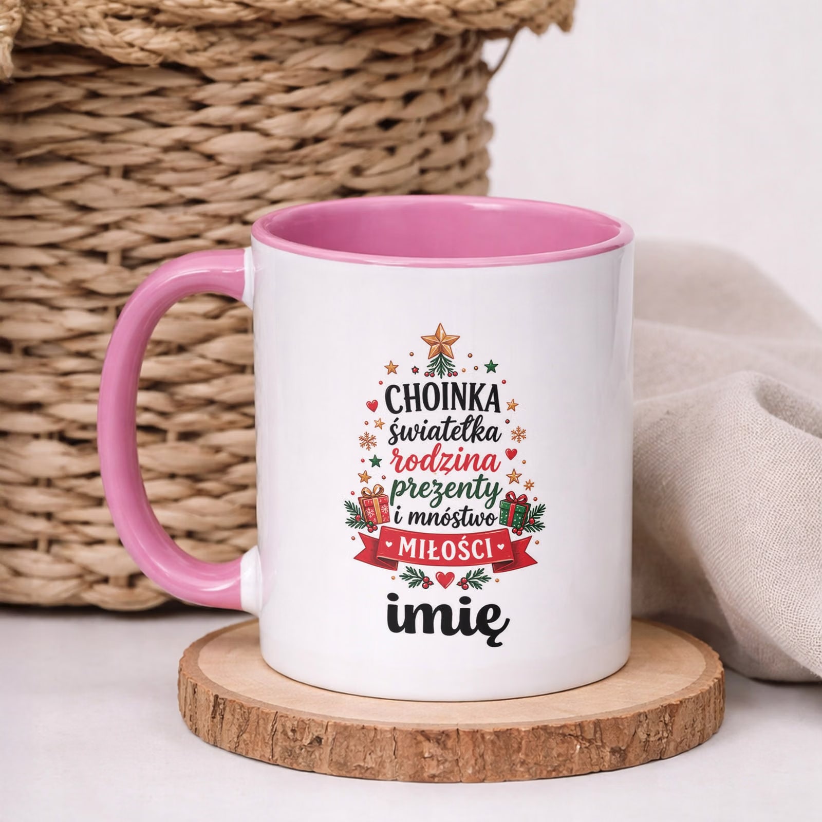 Kubek Różowy Personalizowany z Nadrukiem Boże Narodzenie Święta Prezent