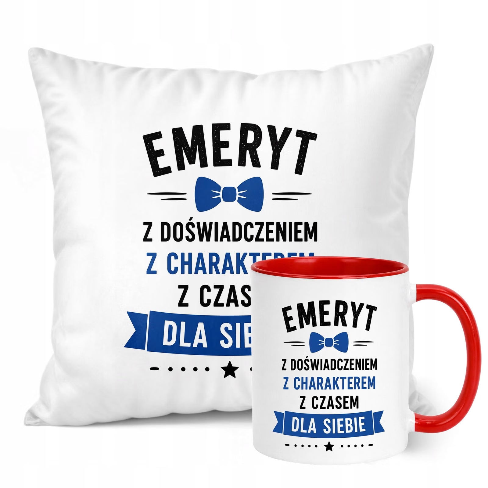 Zestaw Kubek Czerwony Poduszka Z Nadrukiem Emerytura Dla Emeryta Prezent
