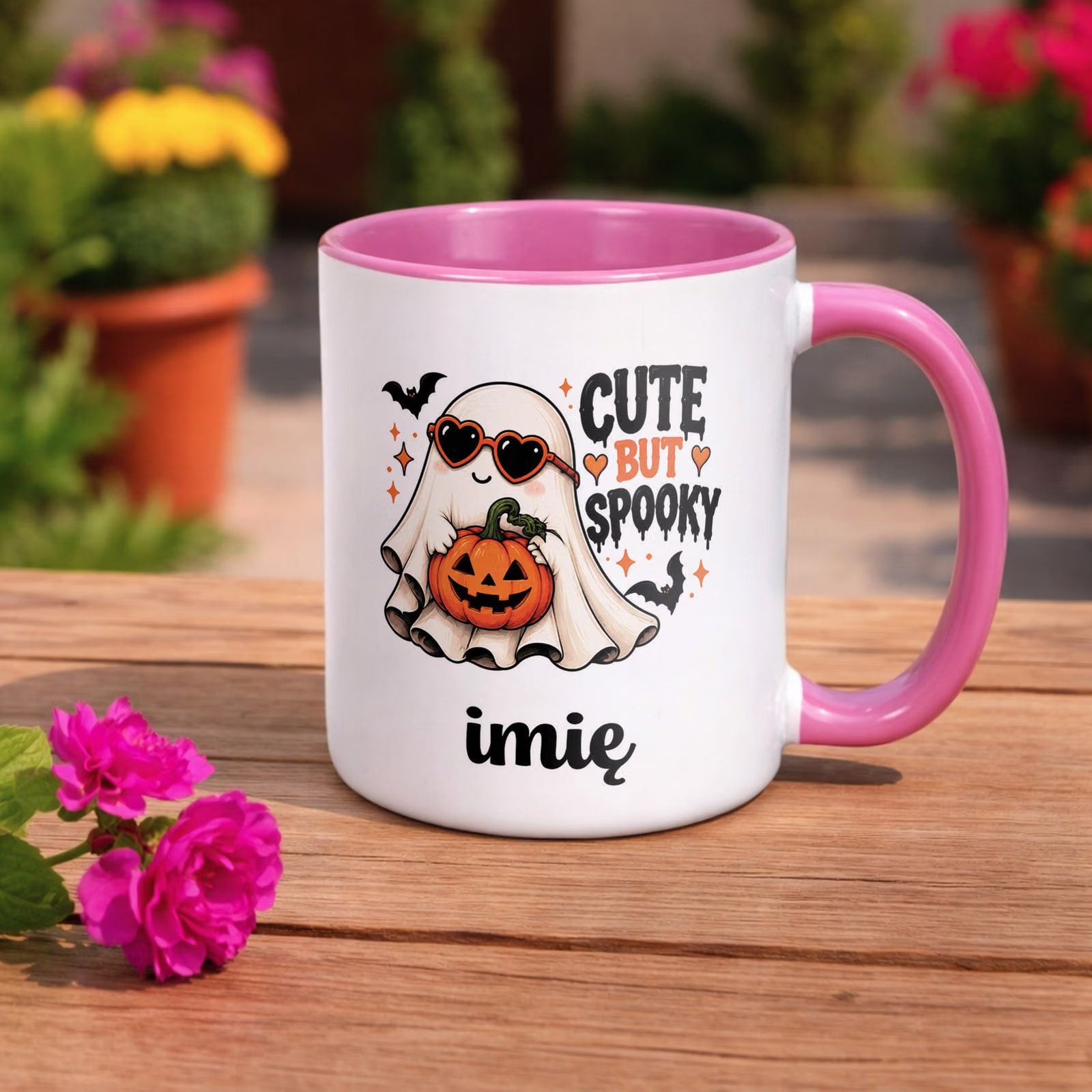 Kubek Różowy Personalizowany z Nadrukiem Halloween Jesień Prezent Upominek