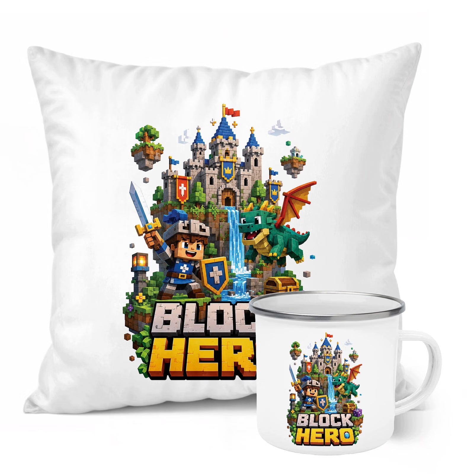 Zestaw Kubek Emaliowany Poduszka Z Nadrukiem BLOCK HERO Gra Prezent
